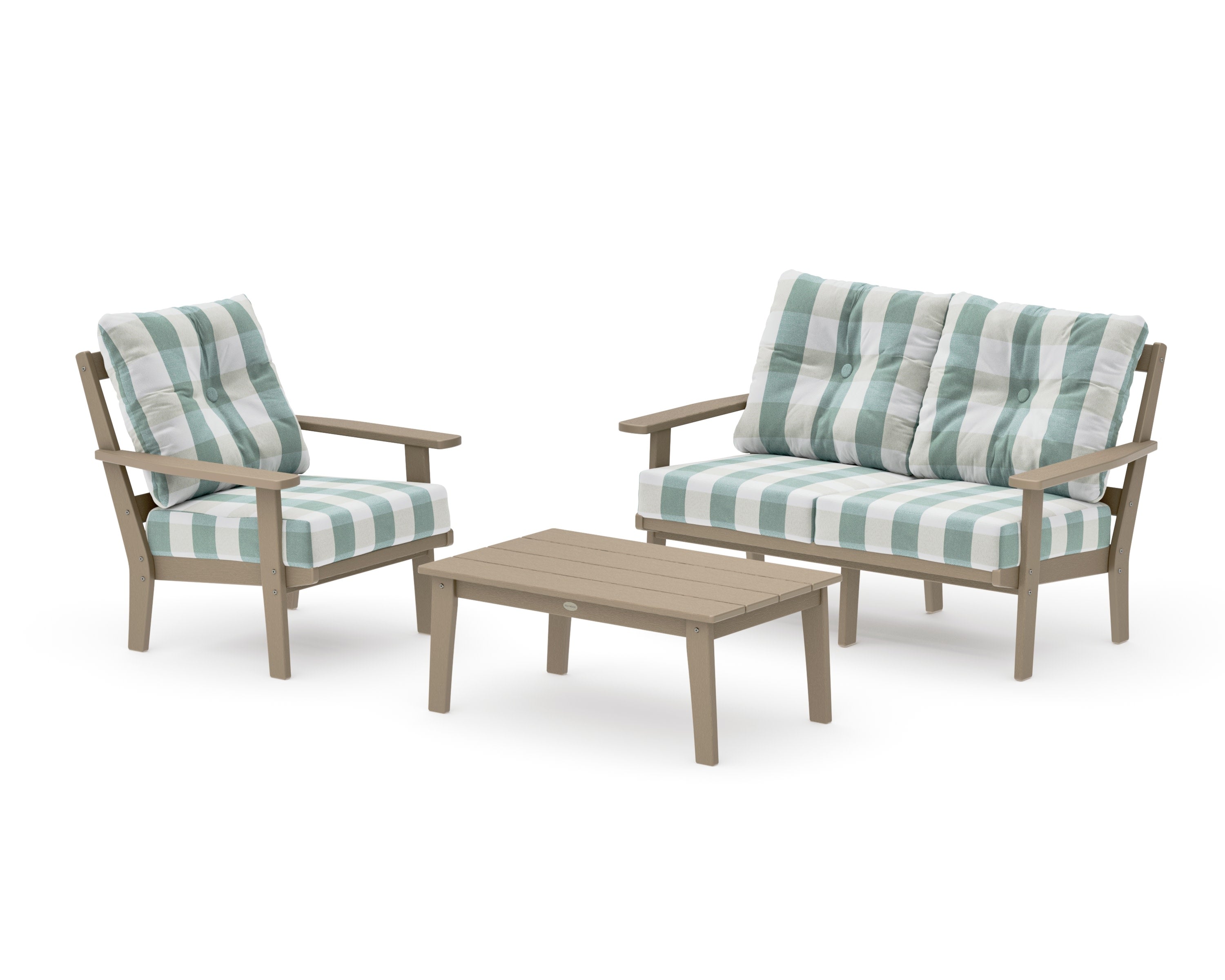 Oxford 3-Piece Deep Seating Set with Loveseat in Vintage Sahara / Buffalo Plaid Glacier Spa