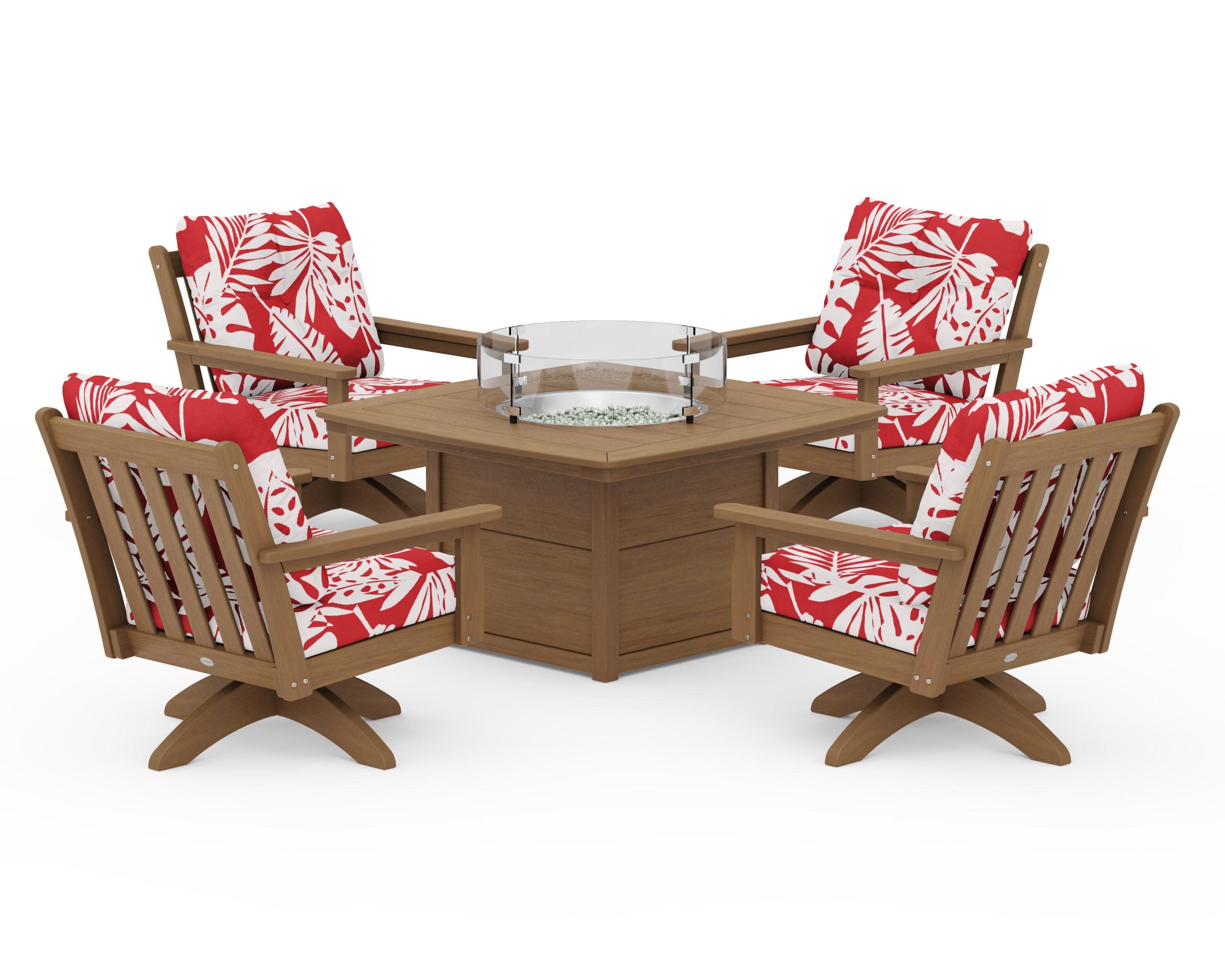 Vineyard 5-Piece Deep Seating Swivel Conversation Set with Fire Pit Table in Natural / Leaf Crimson