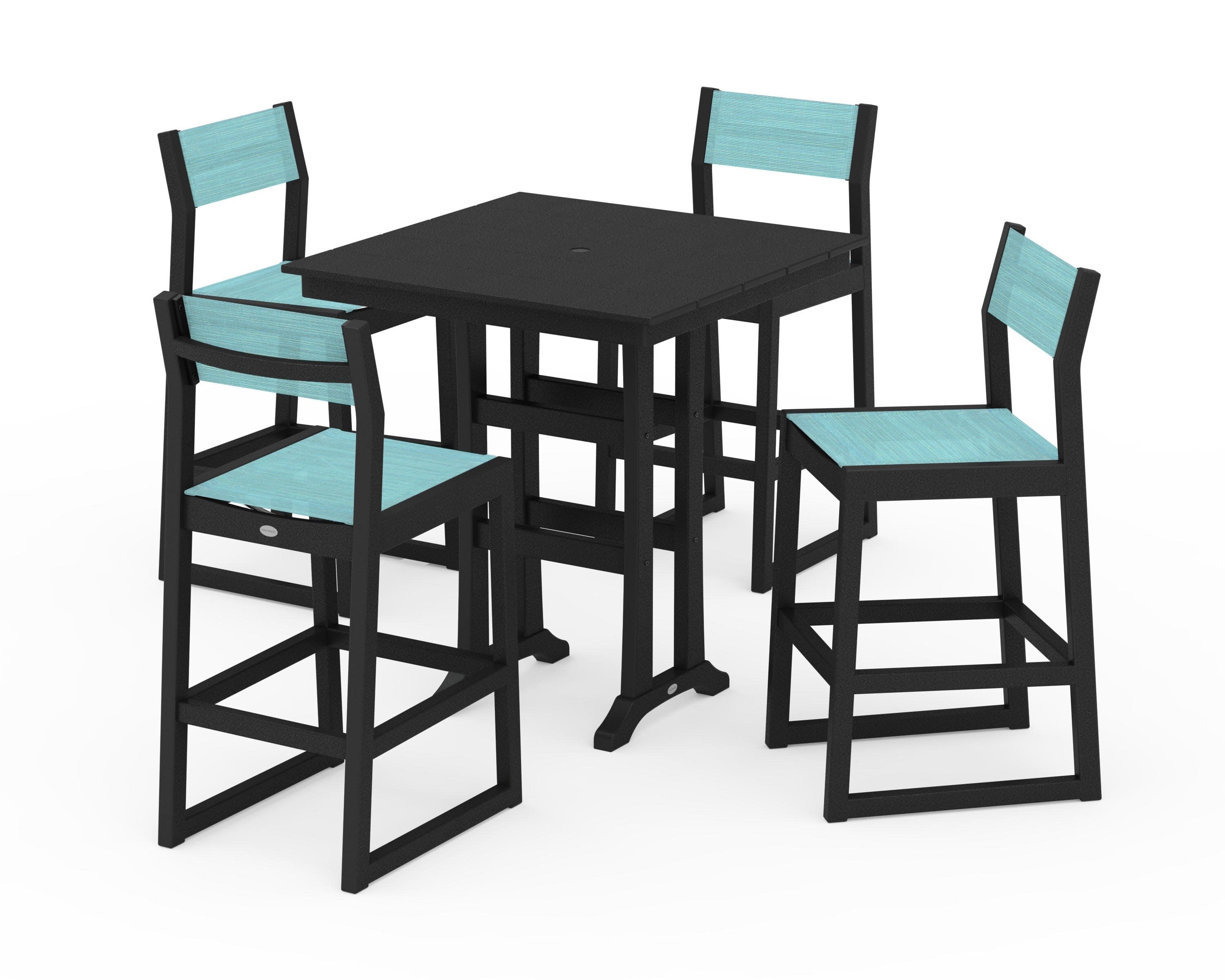 EDGE Sling Arm Chair 5-Piece Farmhouse Bar Set with Trestle Legs in Black / Dupioni Aquamarine Sling