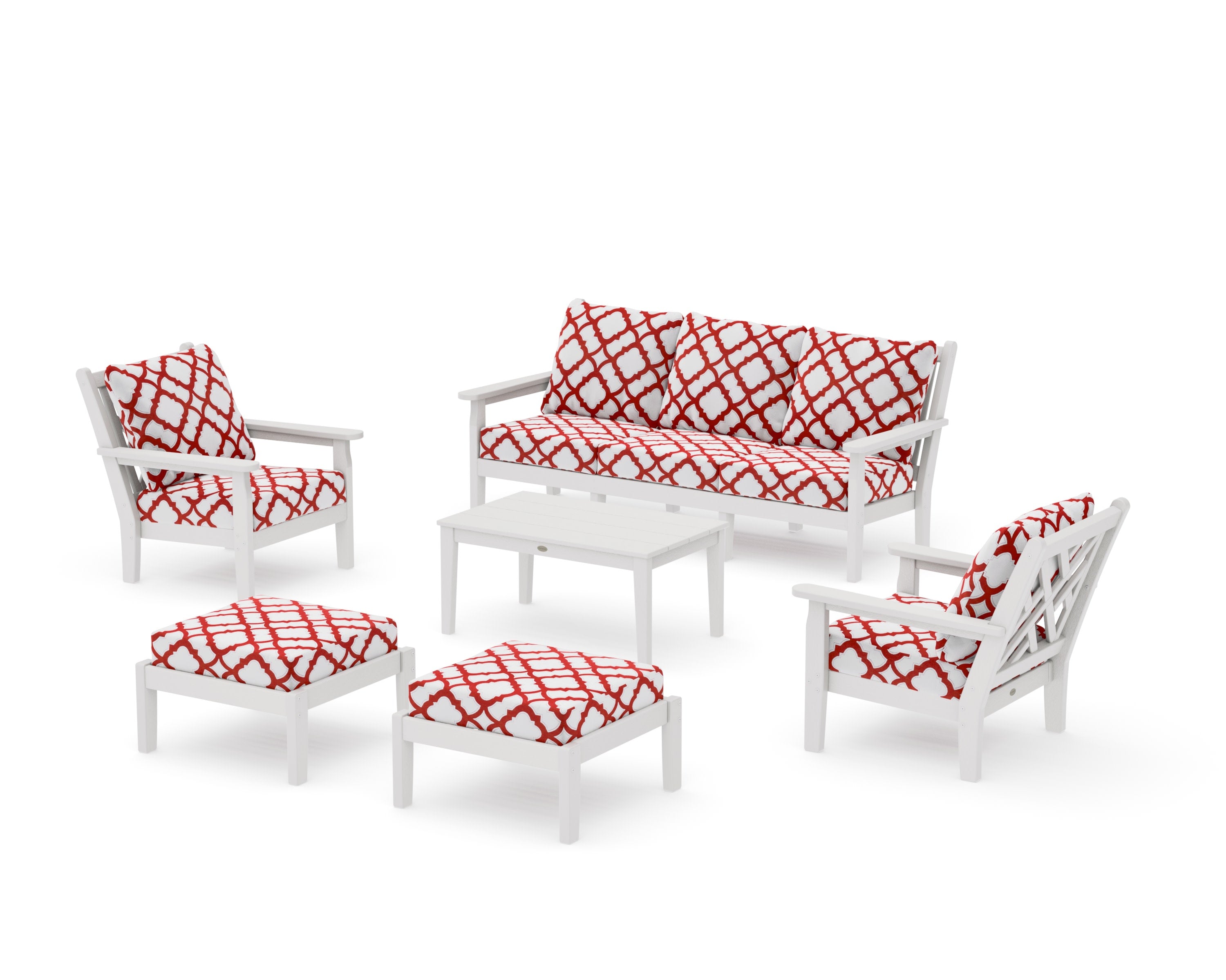 Chippendale 6-Piece Lounge Sofa Set in Vintage White / Trellis Crimson