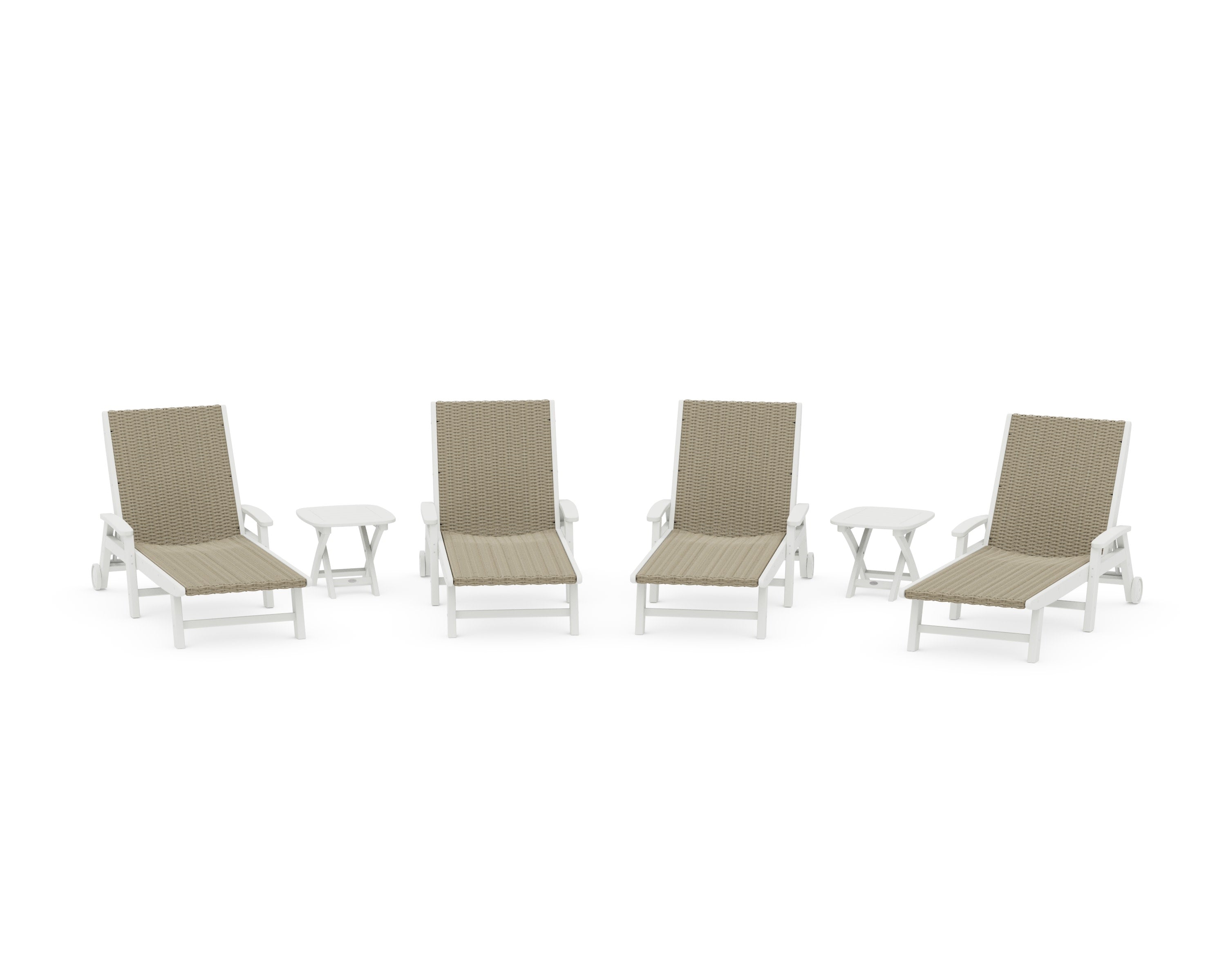 6- Piece Coastal Woven Chaise with Arms and Wheels Chaise Lounge Set in Vintage White / Dune Grass