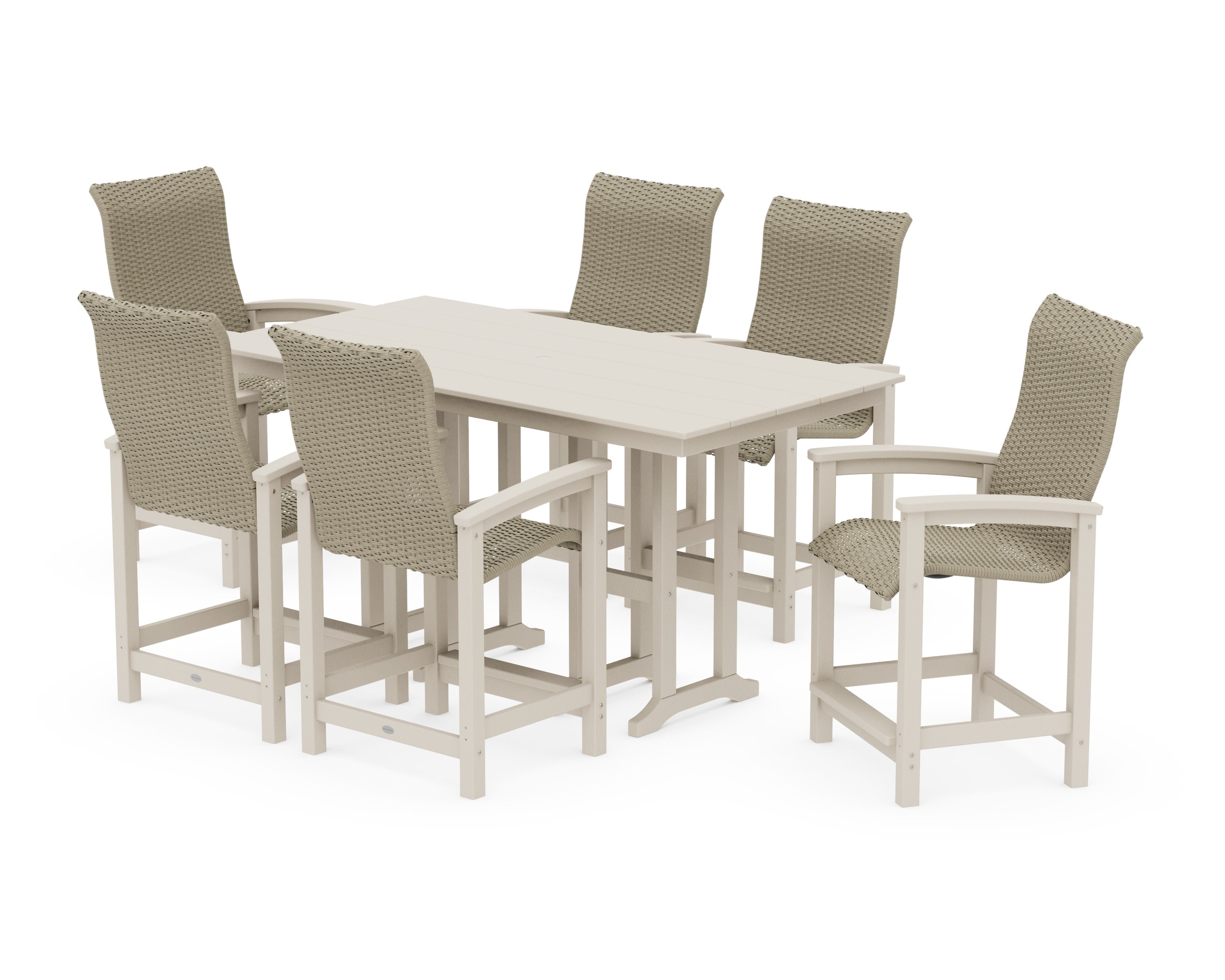 Coastal Woven High-Back Arm Chair 7-Piece Farmhouse Counter Set in Sand / Dune Grass