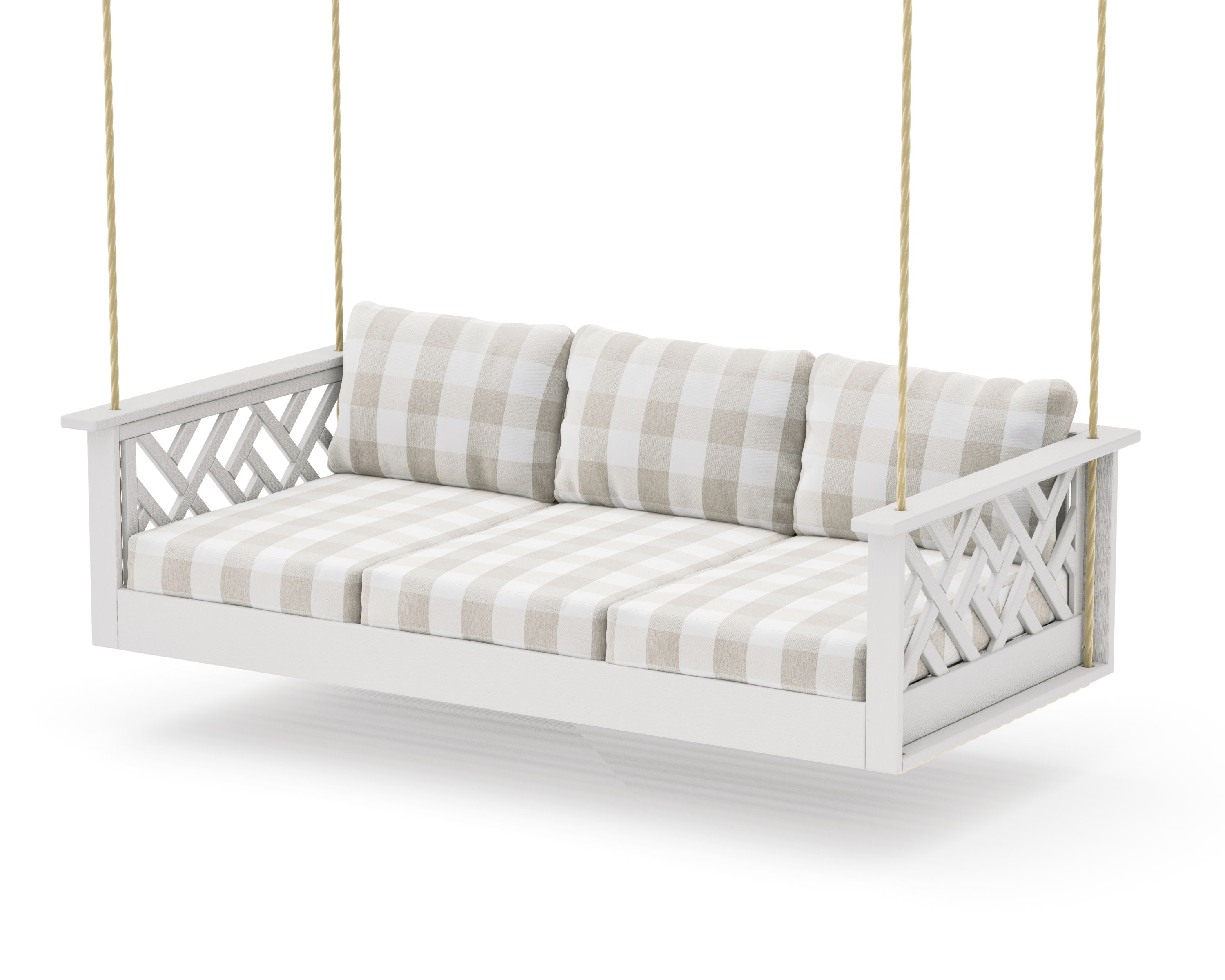 Chippendale Daybed Swing in Vintage White / Buffalo Plaid Dune Burlap