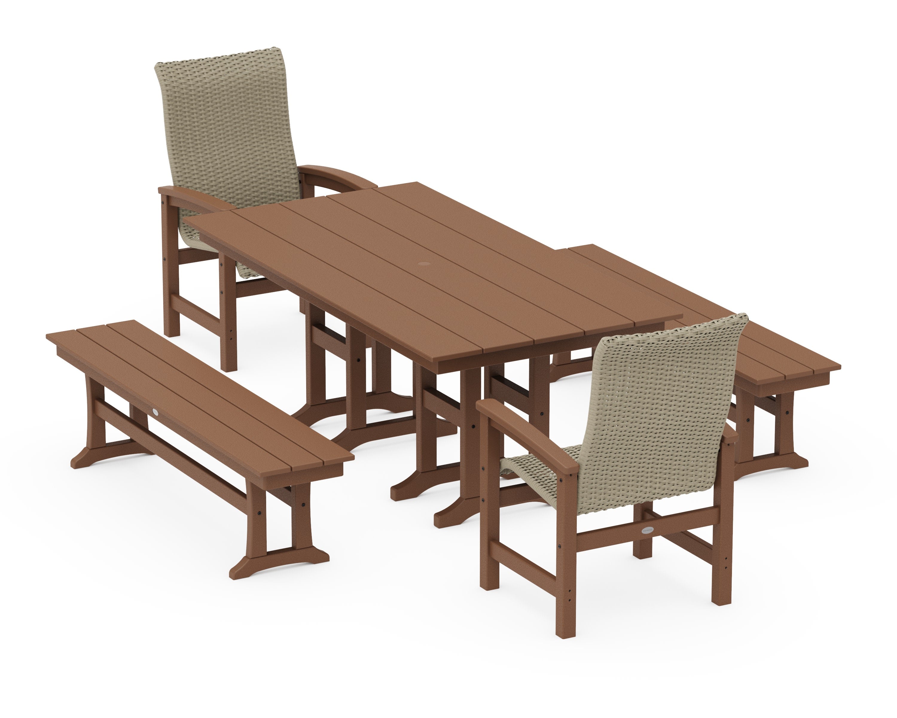 Coastal Woven High-Back 5-Piece Farmhouse Dining Set with Benches in Teak / Dune Grass