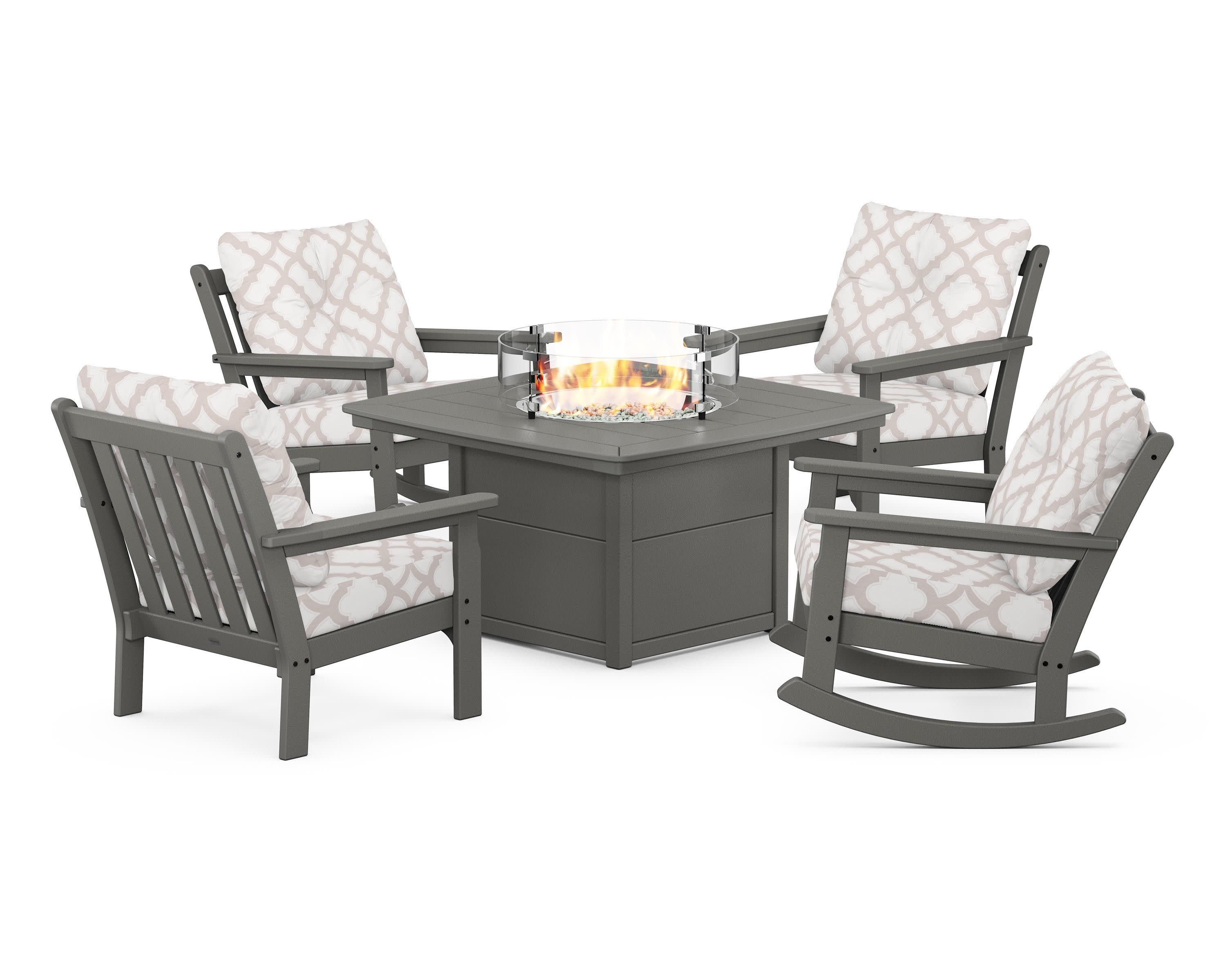 Vineyard 5-Piece Deep Seating Rocking Chair Conversation Set with Fire Pit Table in Slate Grey / Trellis Dune Burlap