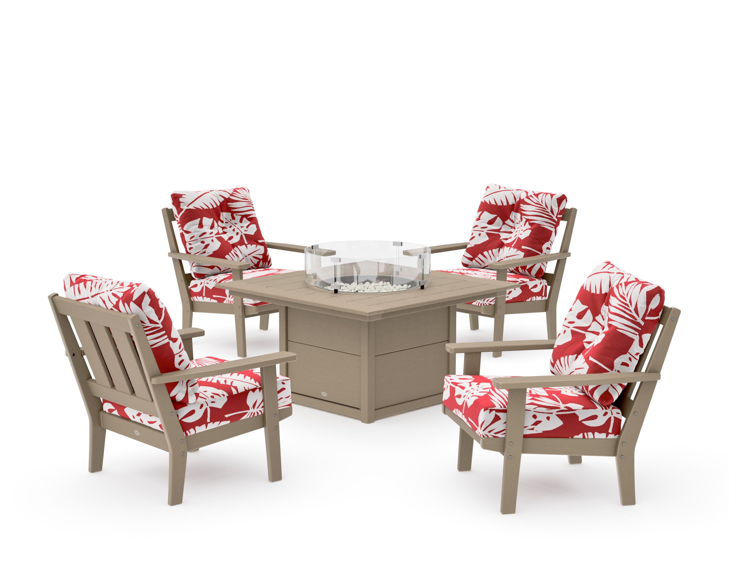 Oxford 5-Piece Deep Seating Set with Fire Pit Table in Vintage Sahara / Leaf Crimson