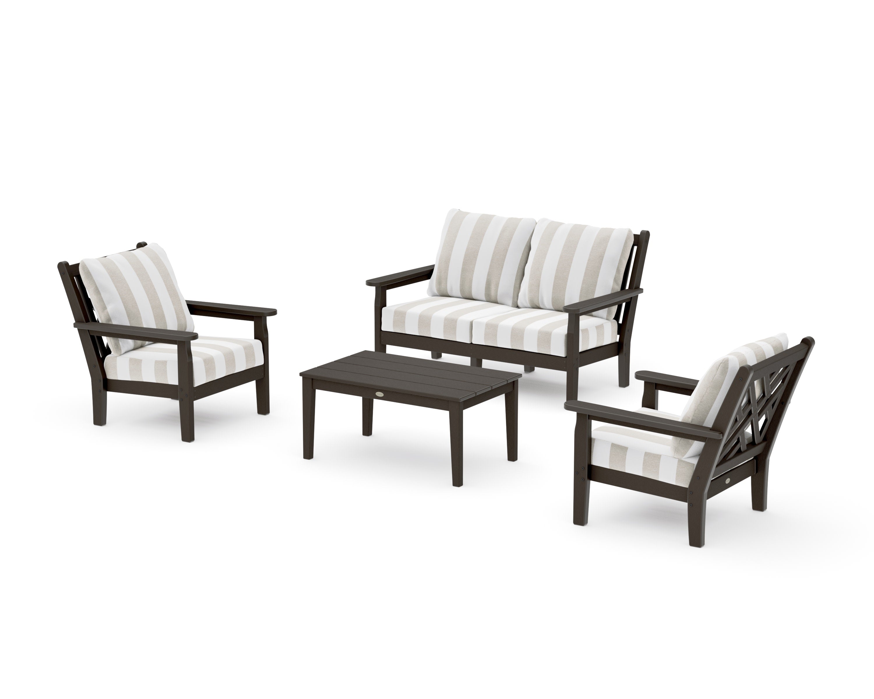 Chippendale 4-Piece Deep Seating Set with Loveseat in Vintage Coffee / Cabana Stripe Dune Burlap