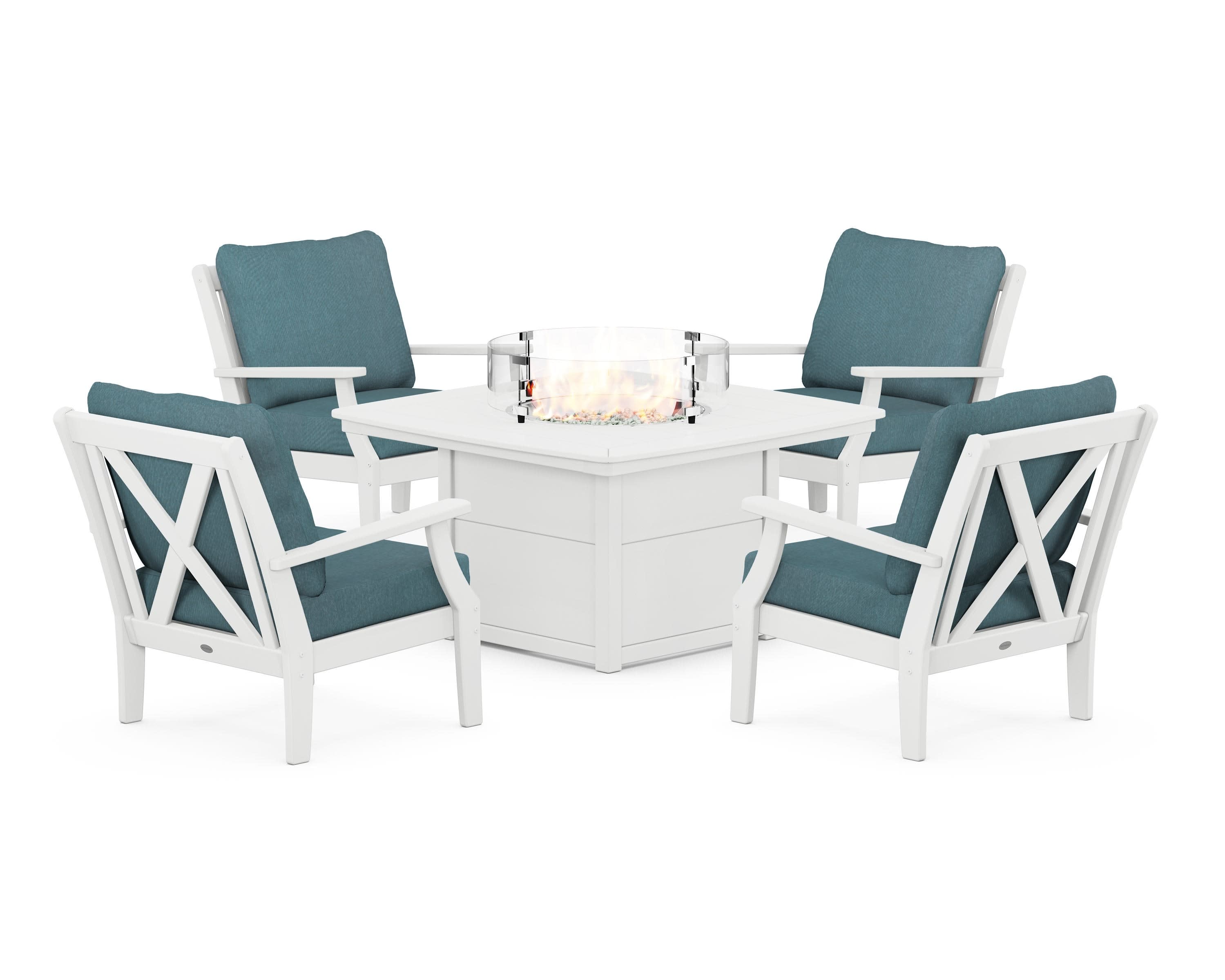 Braxton 5-Piece Deep Seating Conversation Set with Fire Pit Table in White / Ocean Teal