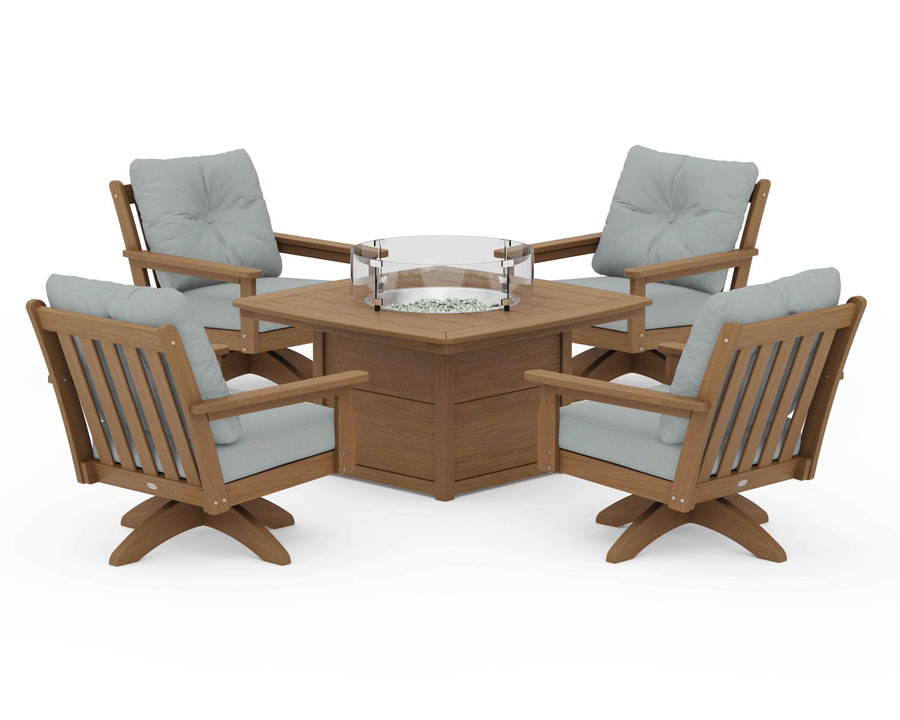 Vineyard 5-Piece Deep Seating Swivel Conversation Set with Fire Pit Table in Natural / Spa