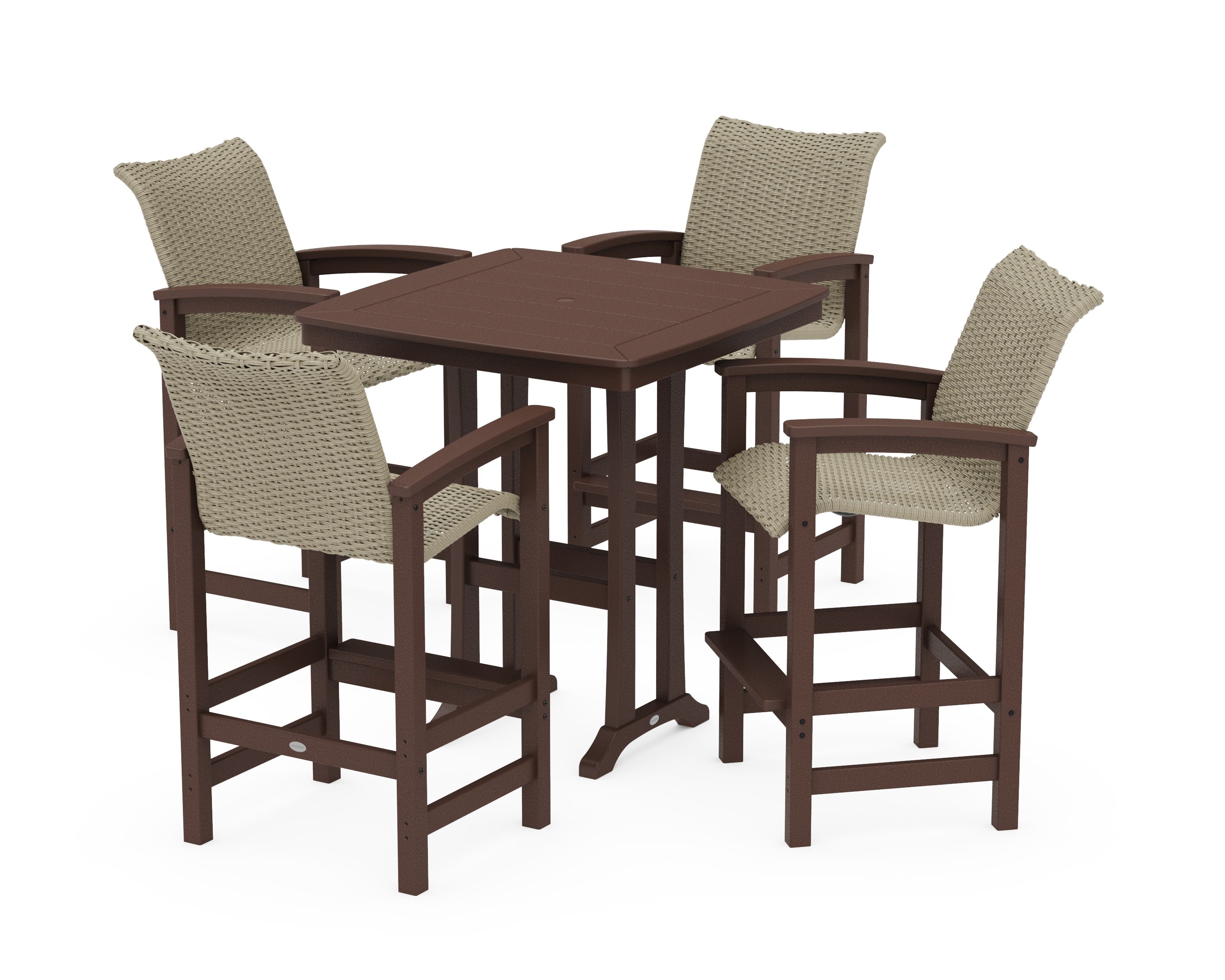 Coastal Woven 5-Piece Bar Set with Trestle Legs in Mahogany / Dune Grass