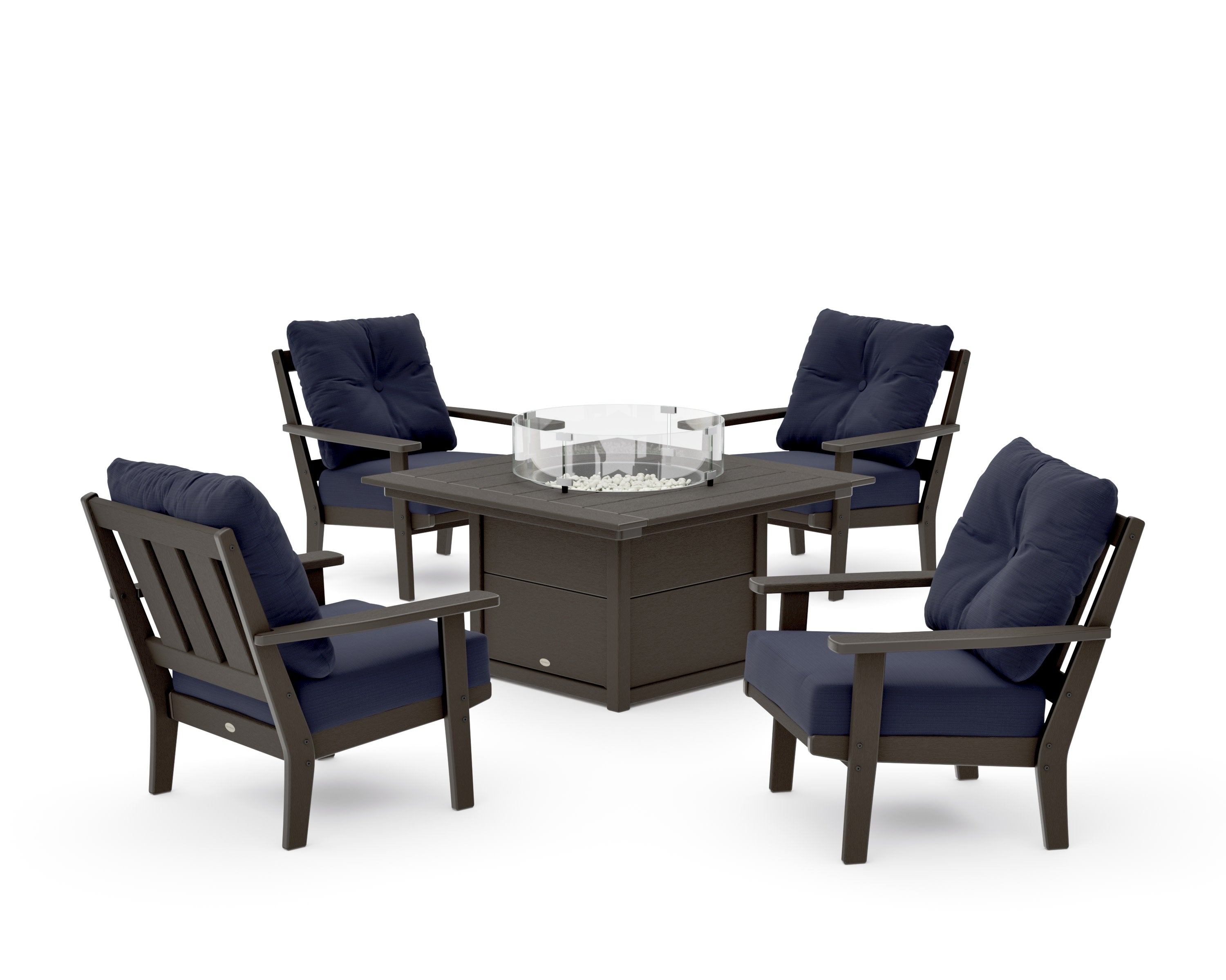 Oxford 5-Piece Deep Seating Set with Fire Pit Table in Vintage Coffee / Navy Linen