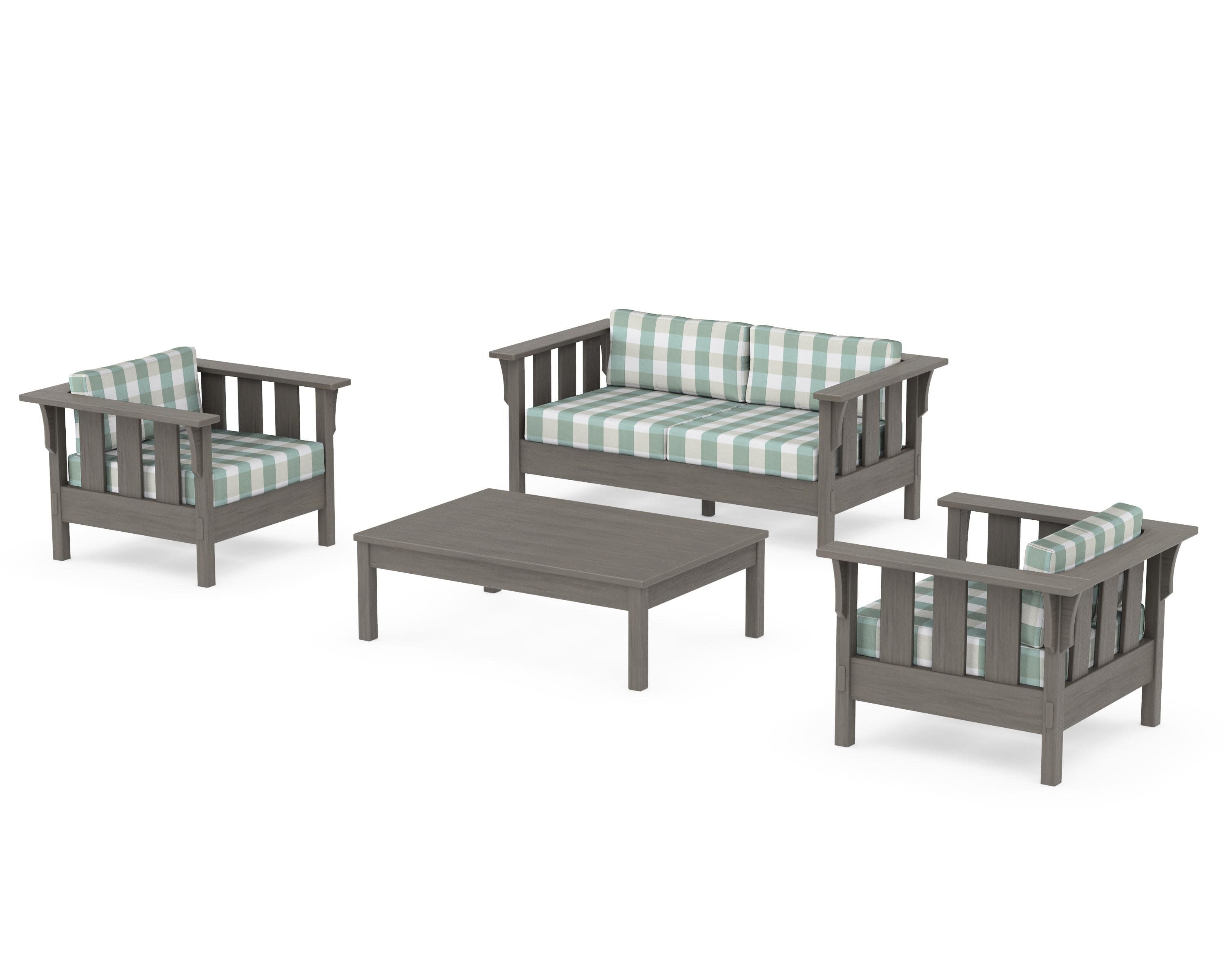 Acadia 4-Piece Deep Seating Set with Loveseat in Driftwood / Buffalo Plaid Glacier Spa