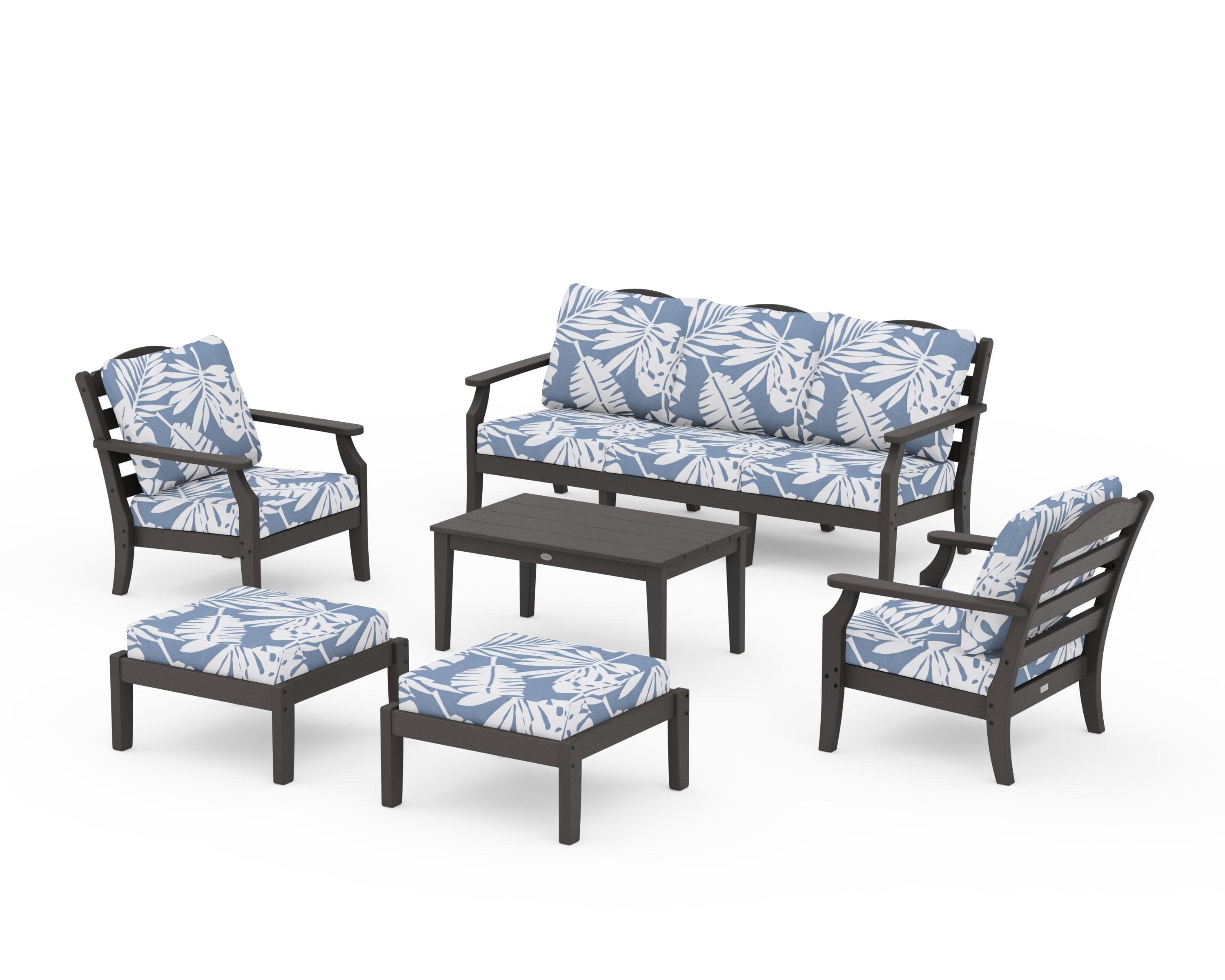 Savannah 6-Piece Lounge Sofa Set in Vintage Coffee / Leaf Sky Blue