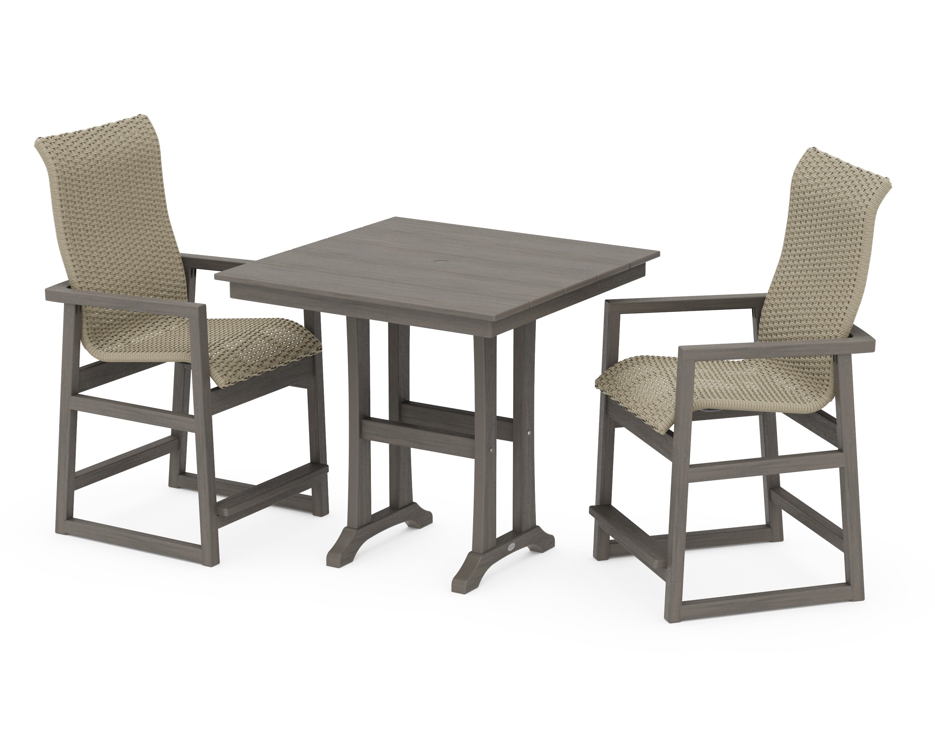 EDGE Woven Highback 3-Piece Farmhouse Counter Set with Trestle Legs in Driftwood / Dune Grass