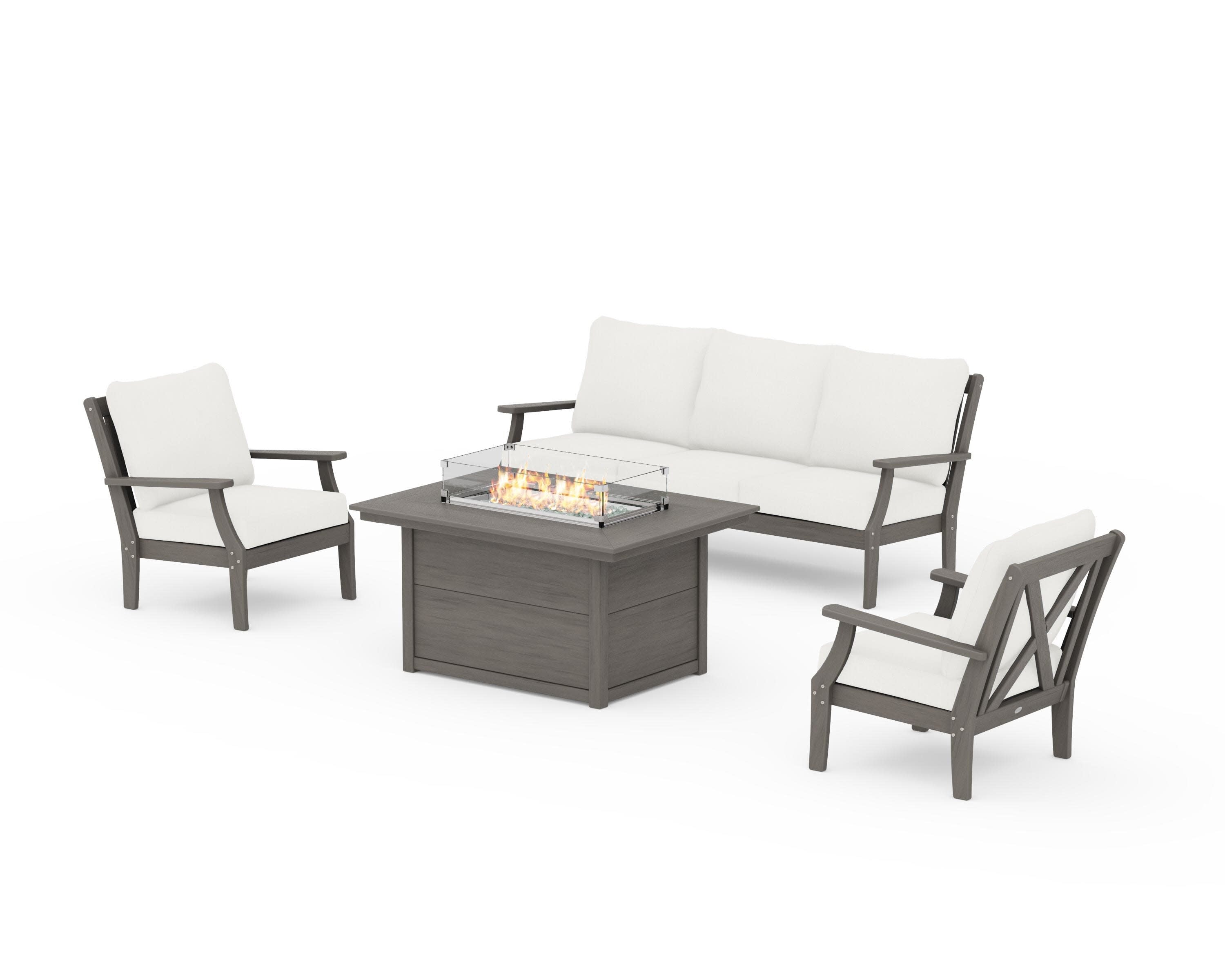 Braxton Deep Seating Fire Pit Table Set in Driftwood / Natural Linen
