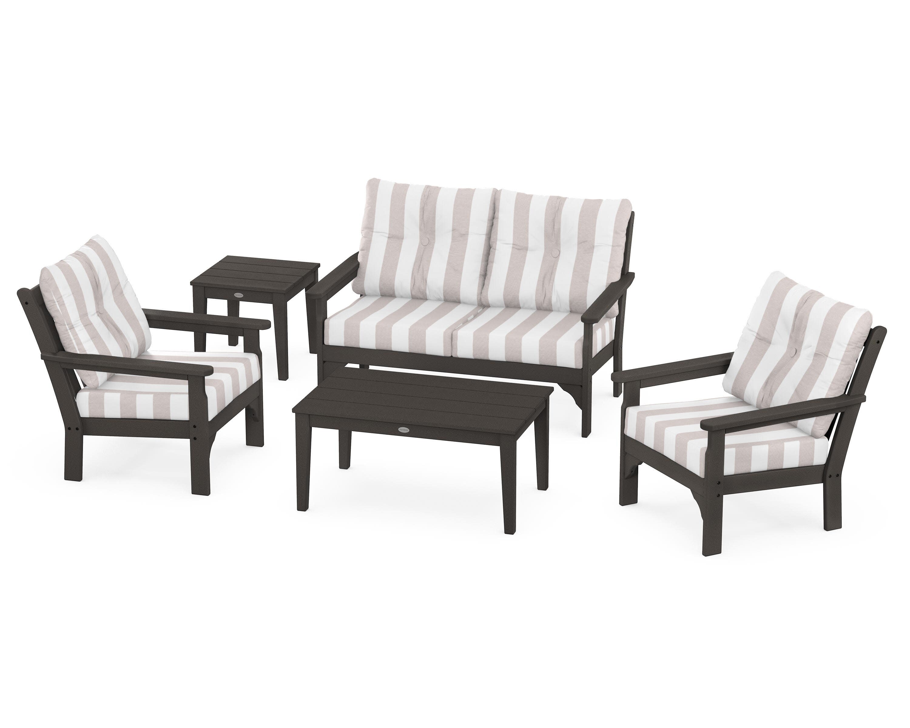 Vineyard 5-Piece Deep Seating Set in Vintage Coffee / Cabana Stripe Dune Burlap