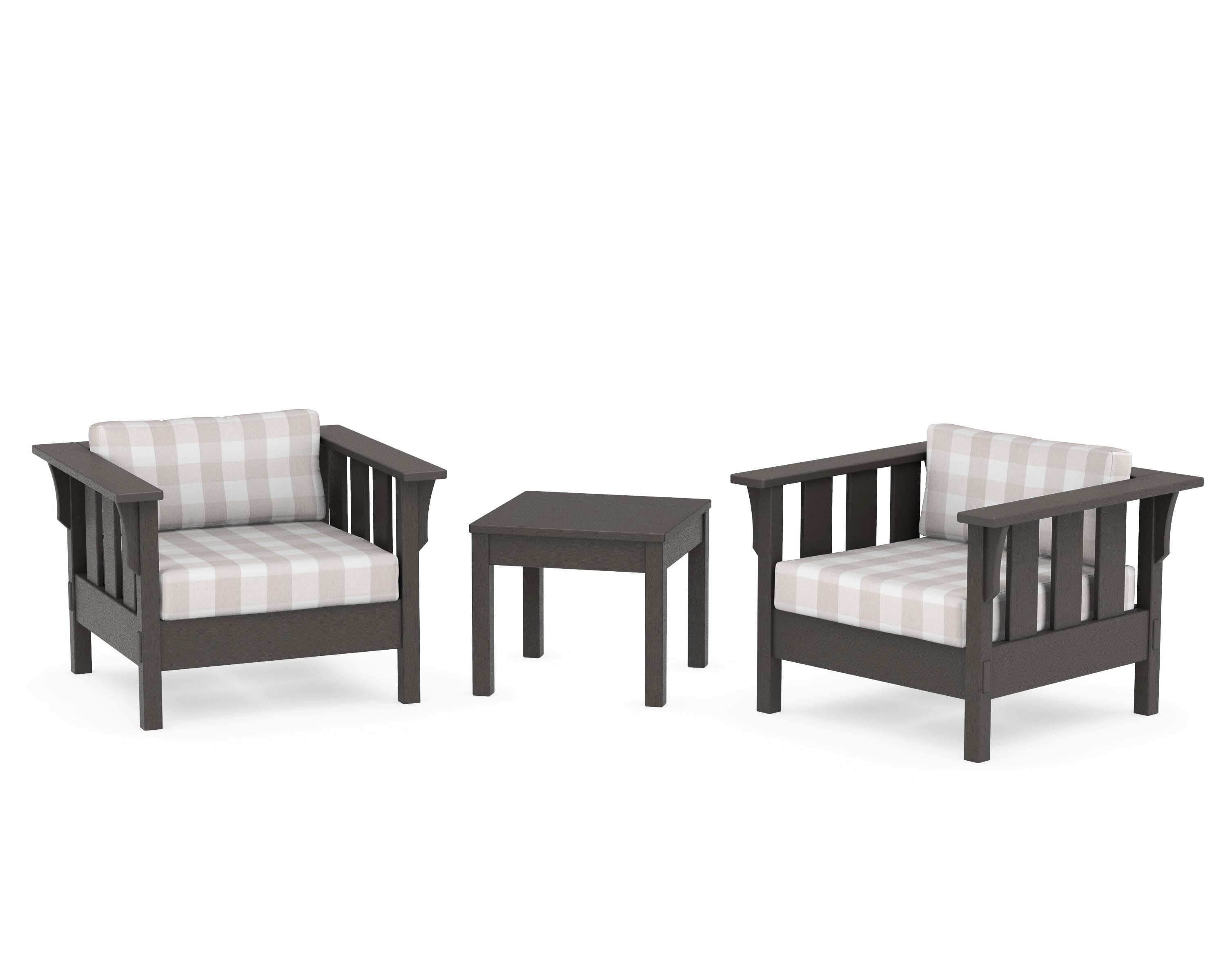 Acadia 3-Piece Deep Seating Set in Vintage Coffee / Buffalo Plaid Dune Burlap
