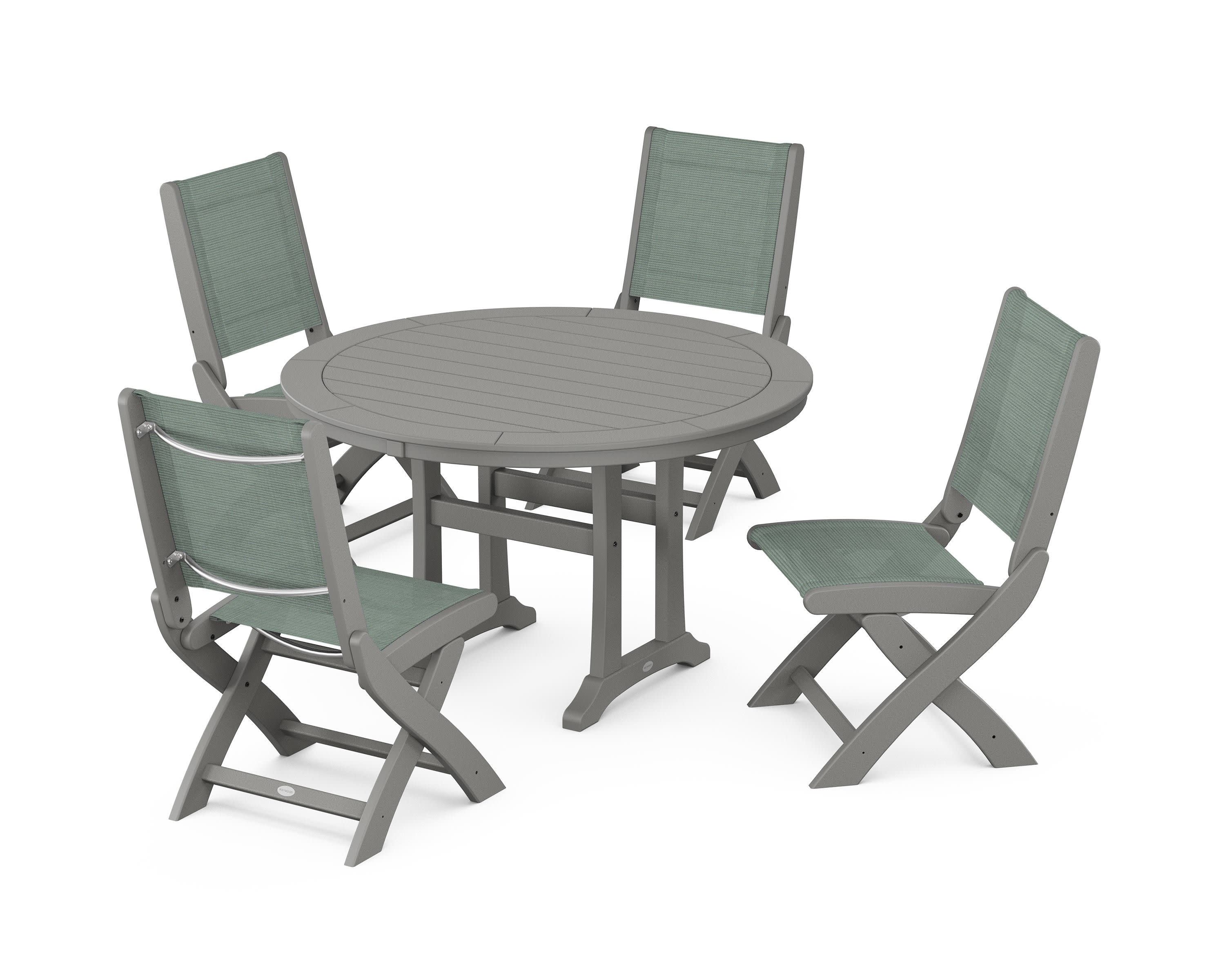 Coastal Folding Side Chair 5-Piece Round Dining Set With Trestle Legs in Slate Grey / Dupioni Sea Mist Sling