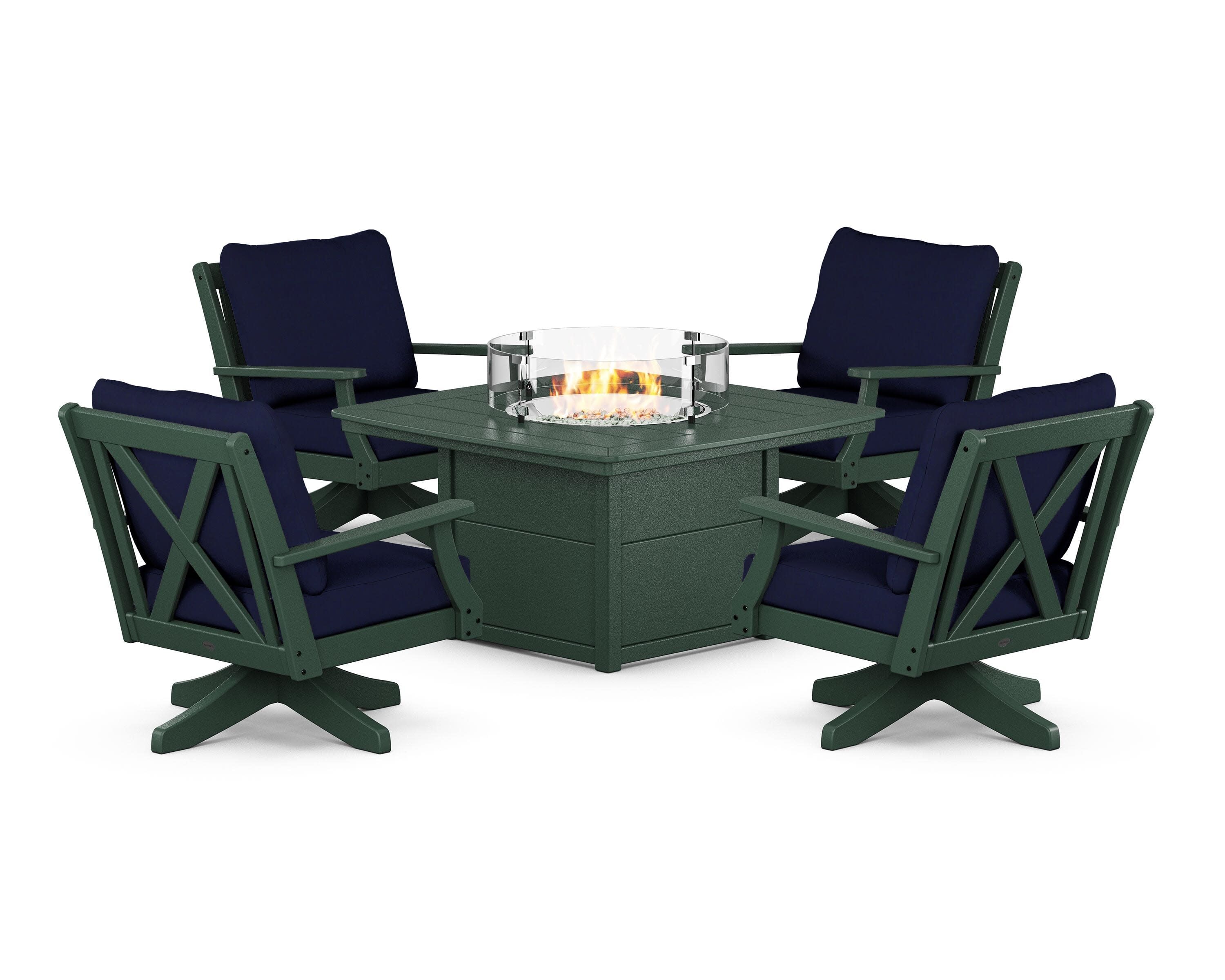 Braxton 5-Piece Deep Seating Swivel Conversation Set with Fire Pit Table in Green / Navy