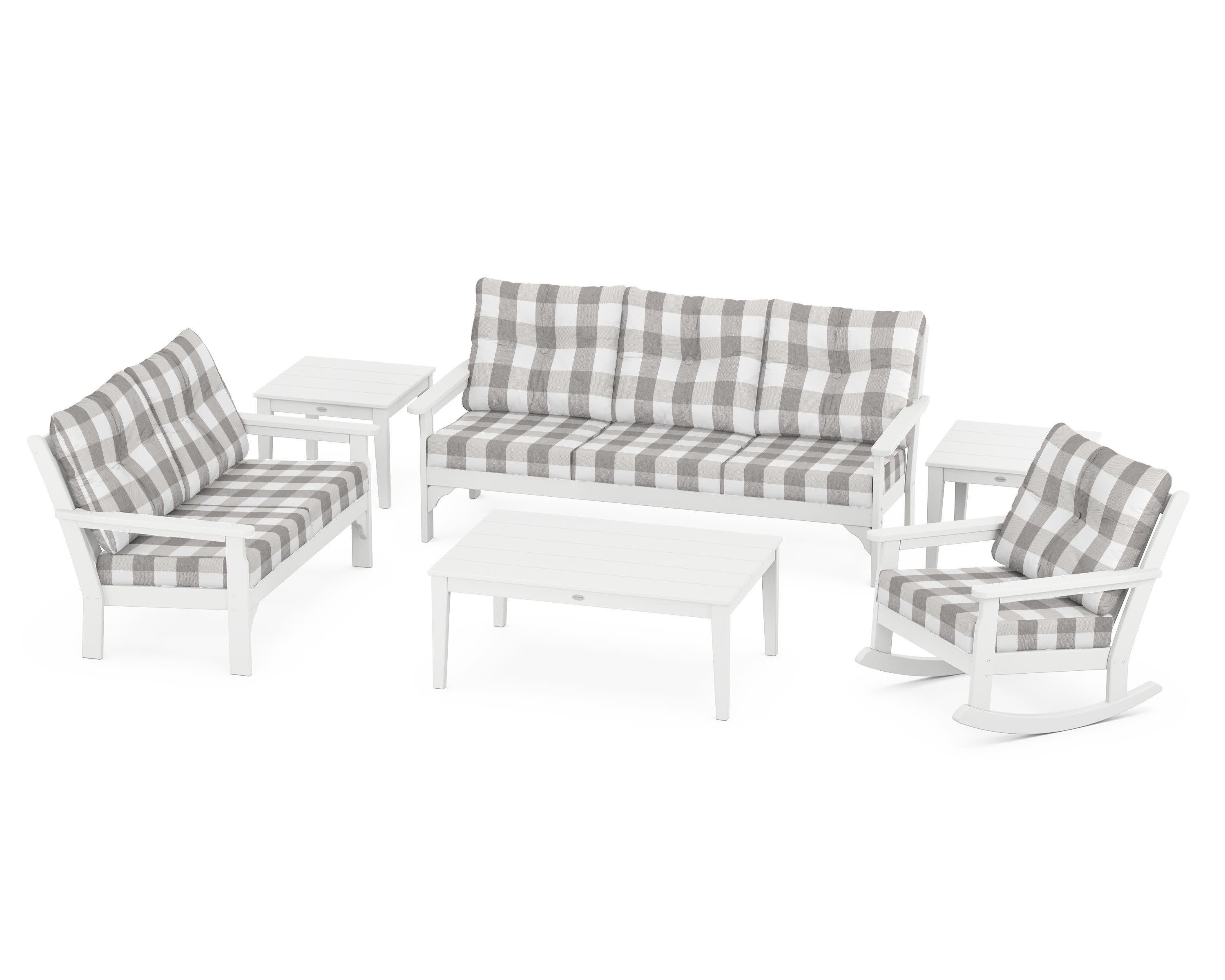 Vineyard 6-Piece Deep Seating Set in White / Buffalo Plaid Grey Mist