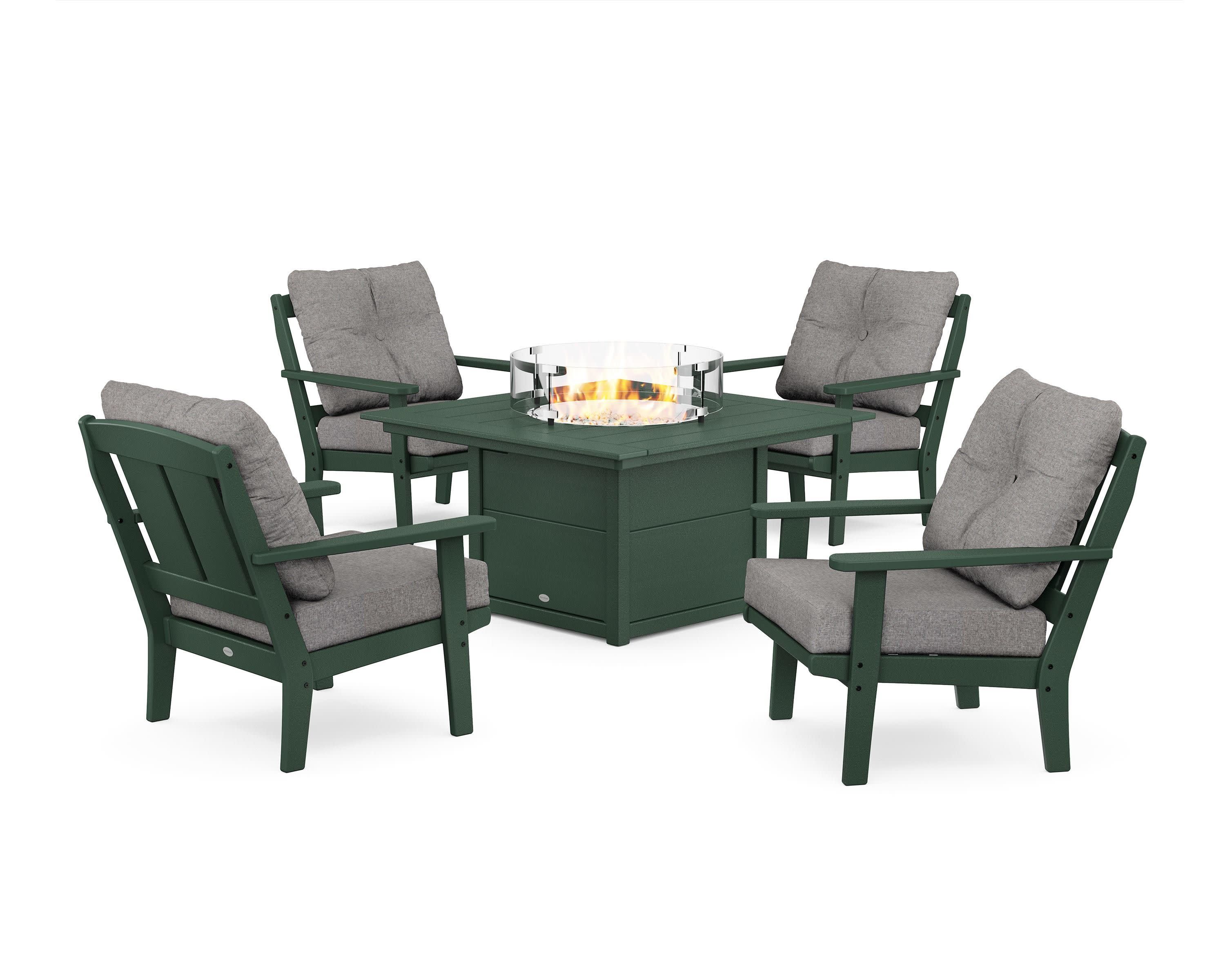 Mission 5-Piece Deep Seating Set with Fire Pit Table in Green / Grey Mist