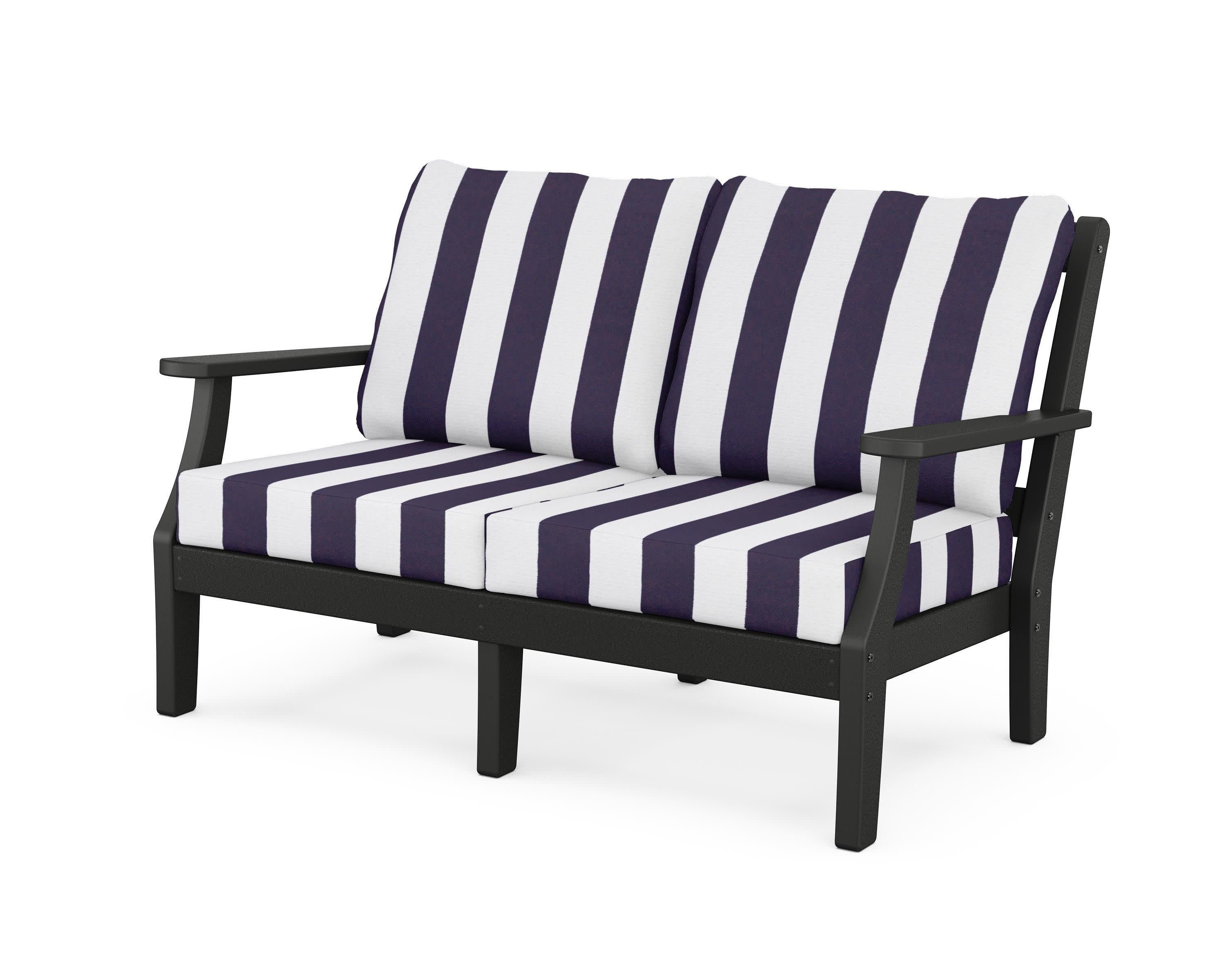 Chinoiserie Deep Seating Loveseat in Black / Cabana Stripe Navy