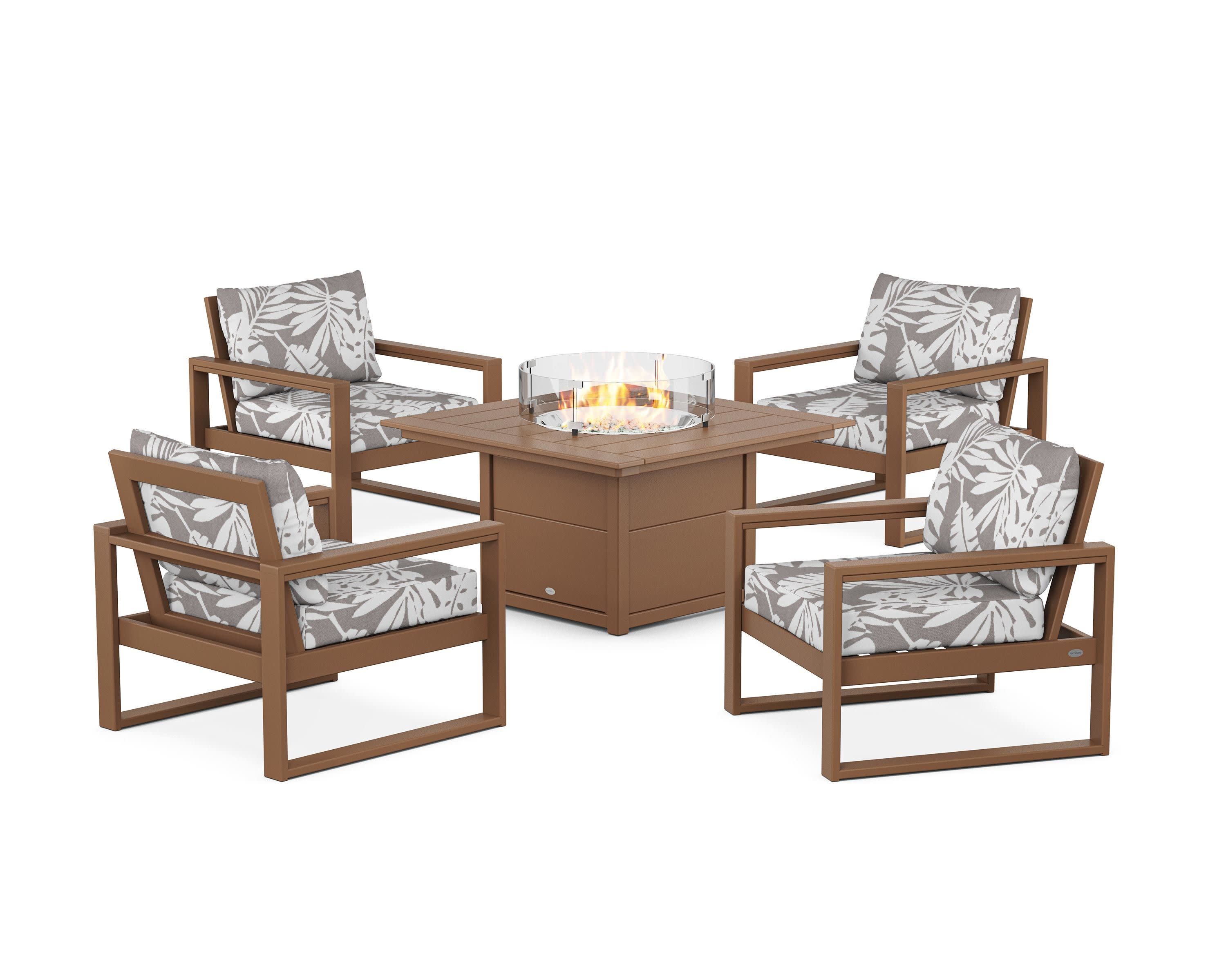 EDGE Sectional 5-Piece Deep Seating Set with Fire Pit Table in Teak / Leaf Grey Mist
