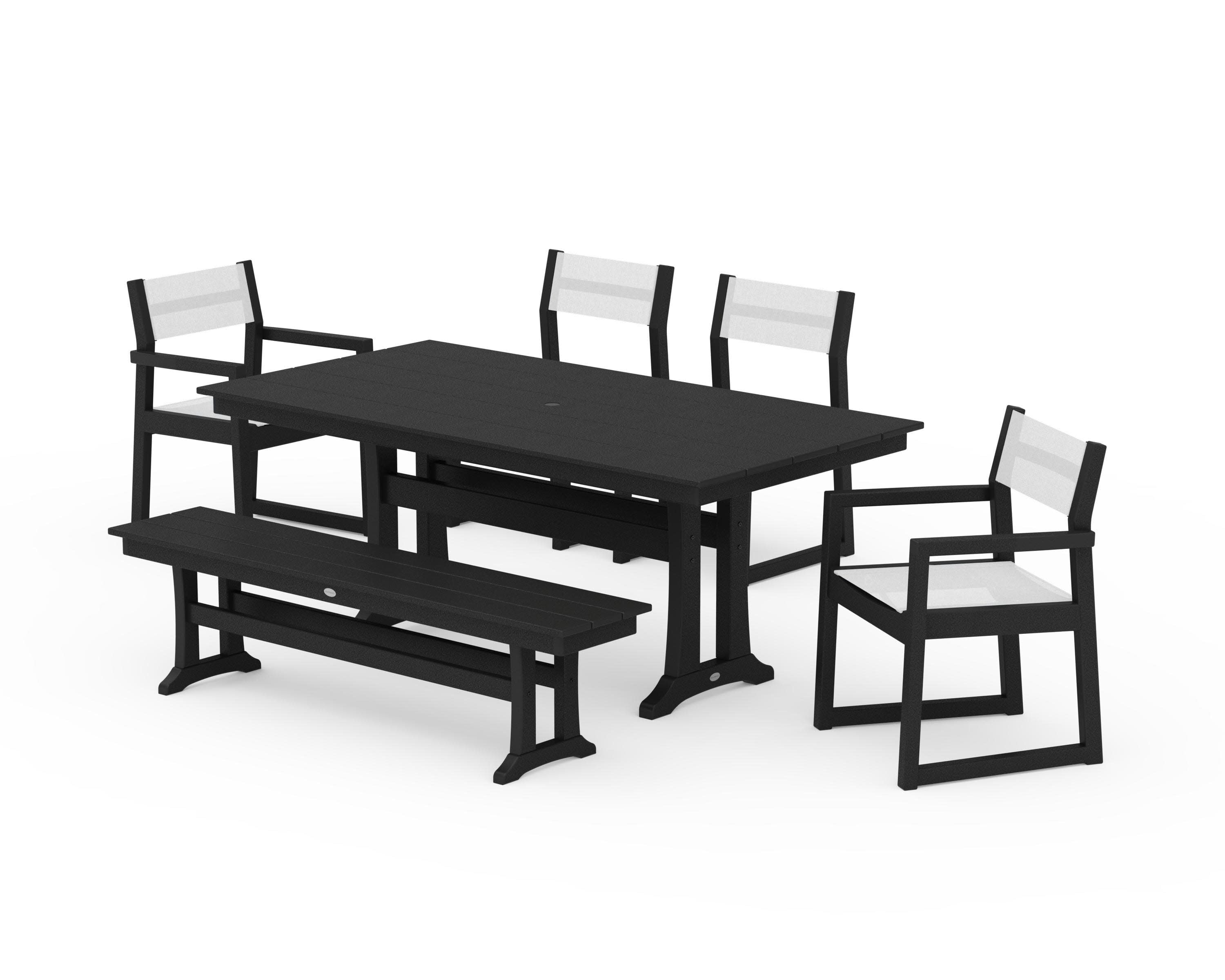 EDGE Sling 6-Piece Farmhouse Dining Set With Trestle Legs in Black / White Sling