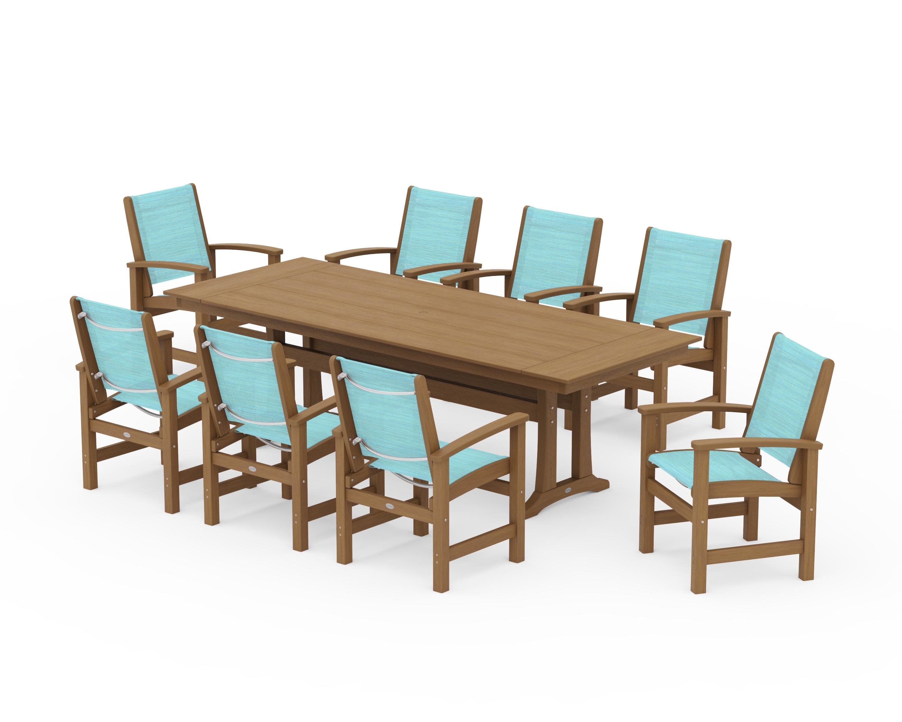 Coastal 9-Piece Farmhouse Dining Set with Trestle Legs in Natural / Dupioni Aquamarine Sling