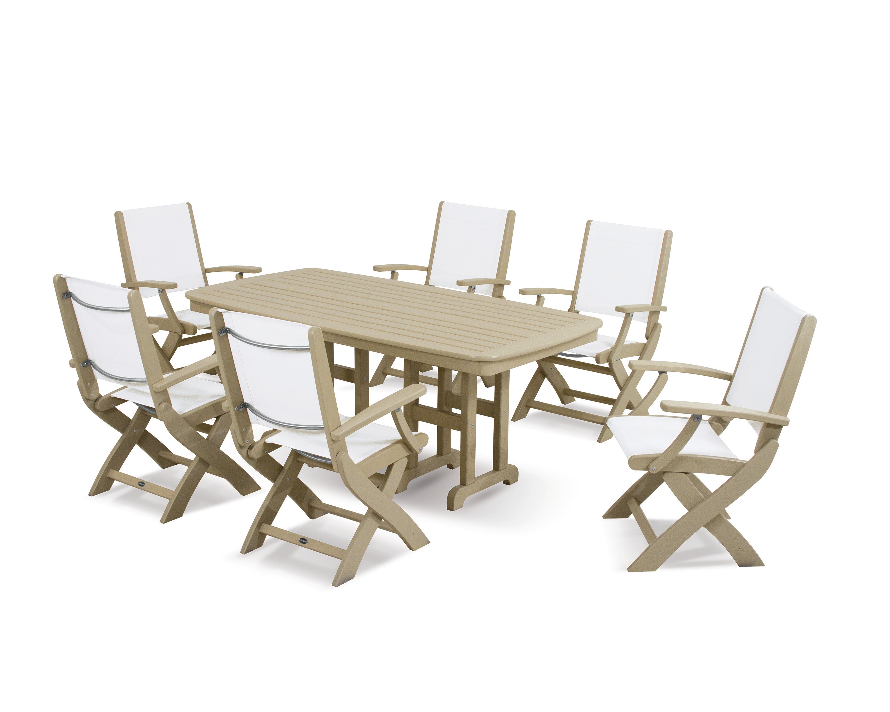 Coastal Folding Arm Chair 7-Piece Dining Set in Sand / White Sling