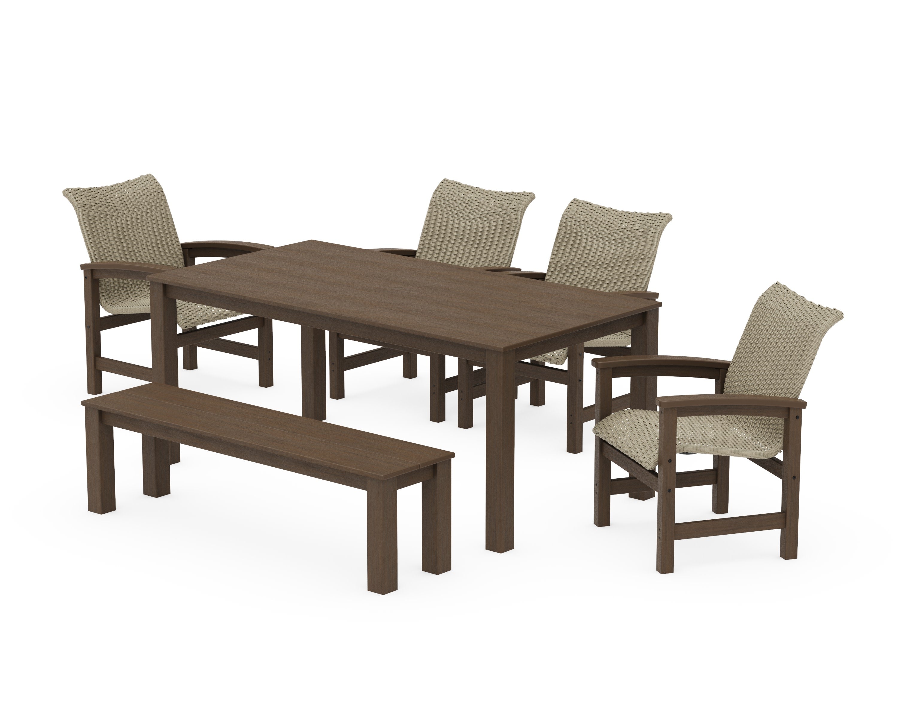 Coastal Woven 6-Piece Parsons Dining Set with Bench in Kona / Dune Grass