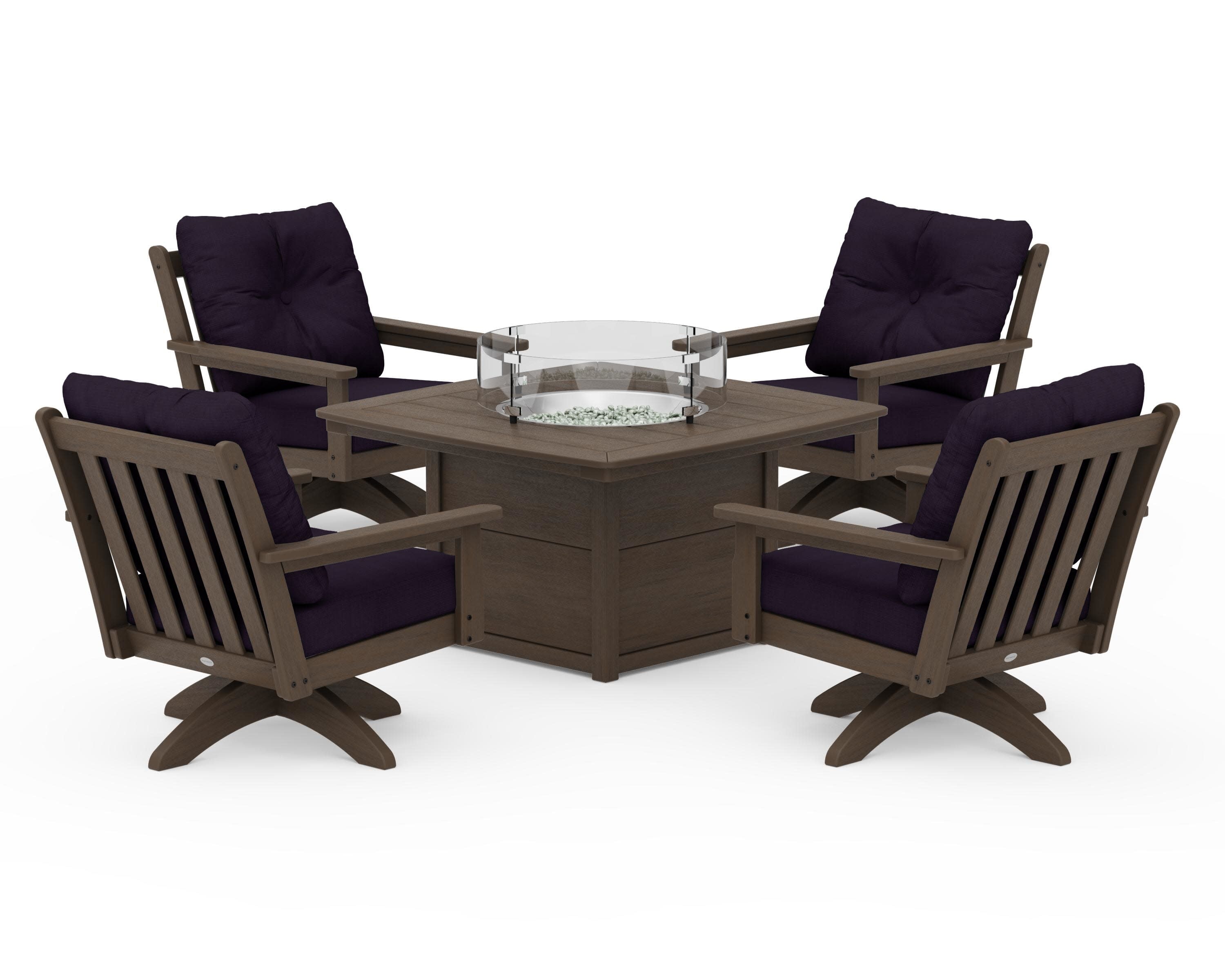 Vineyard 5-Piece Deep Seating Swivel Conversation Set with Fire Pit Table in Kona / Navy Linen