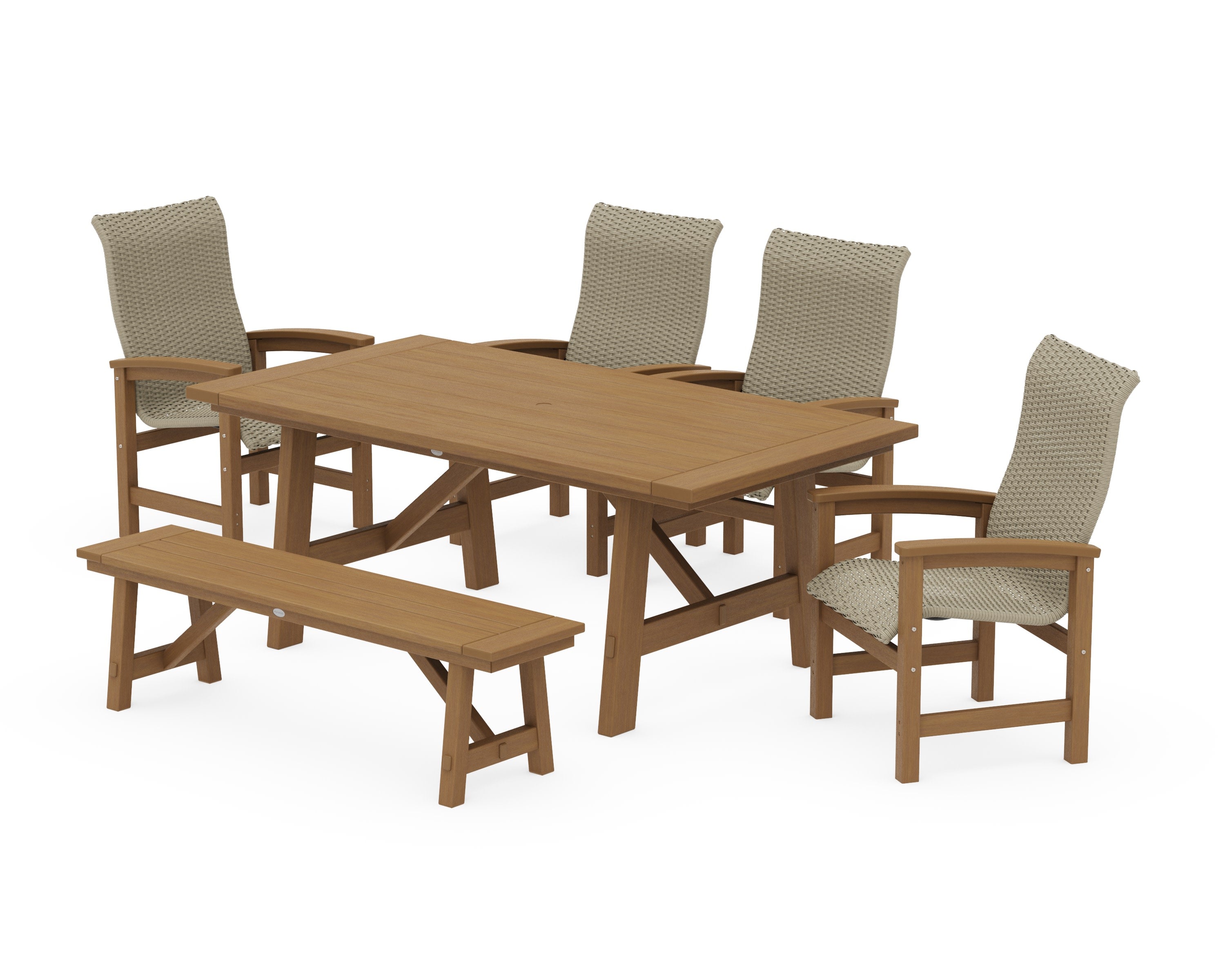 Coastal Woven High-Back 6-Piece Rustic Farmhouse Dining Set with Bench in Natural / Dune Grass