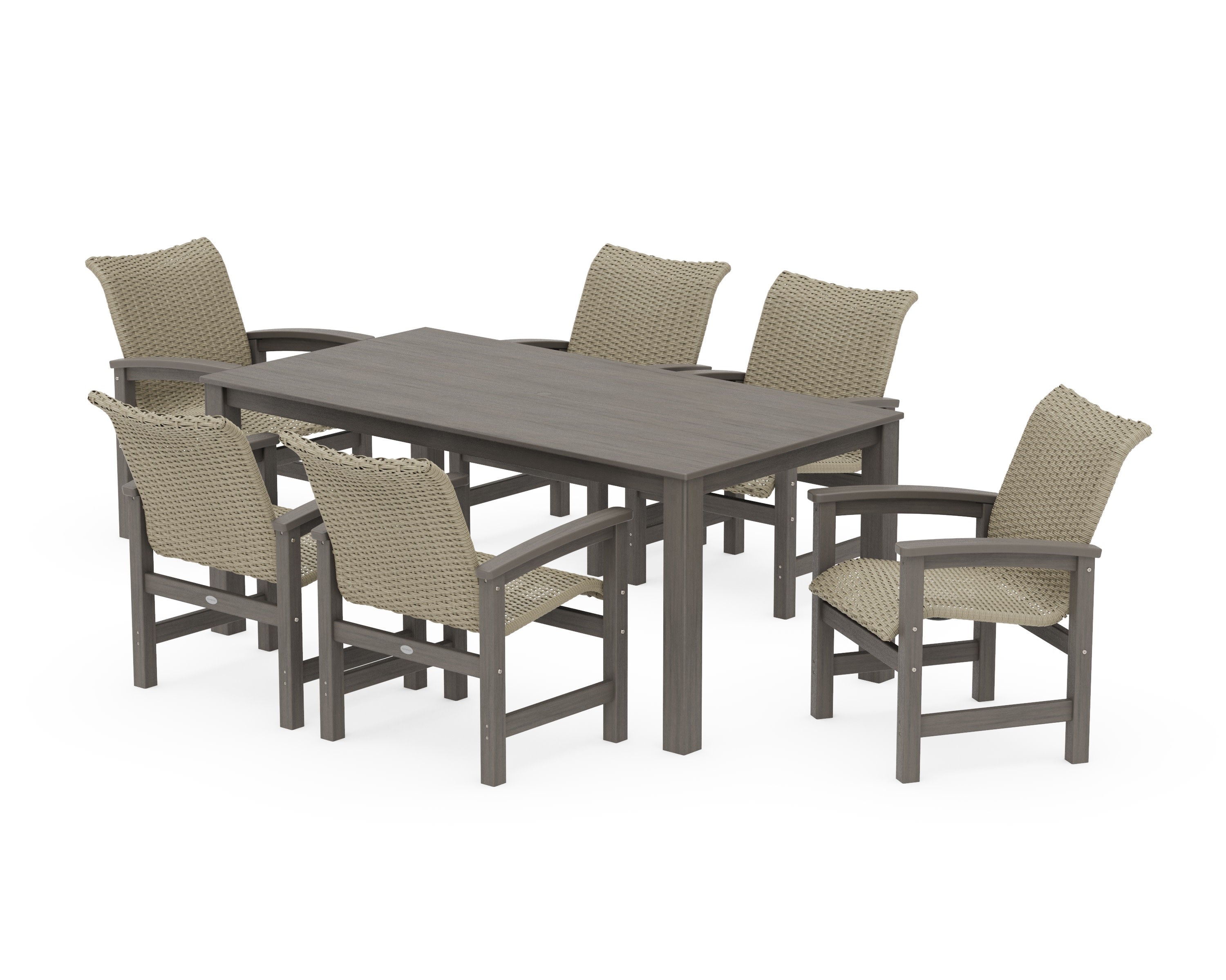 Coastal Woven Arm Chair 7-Piece Parsons Dining Set in Driftwood / Dune Grass