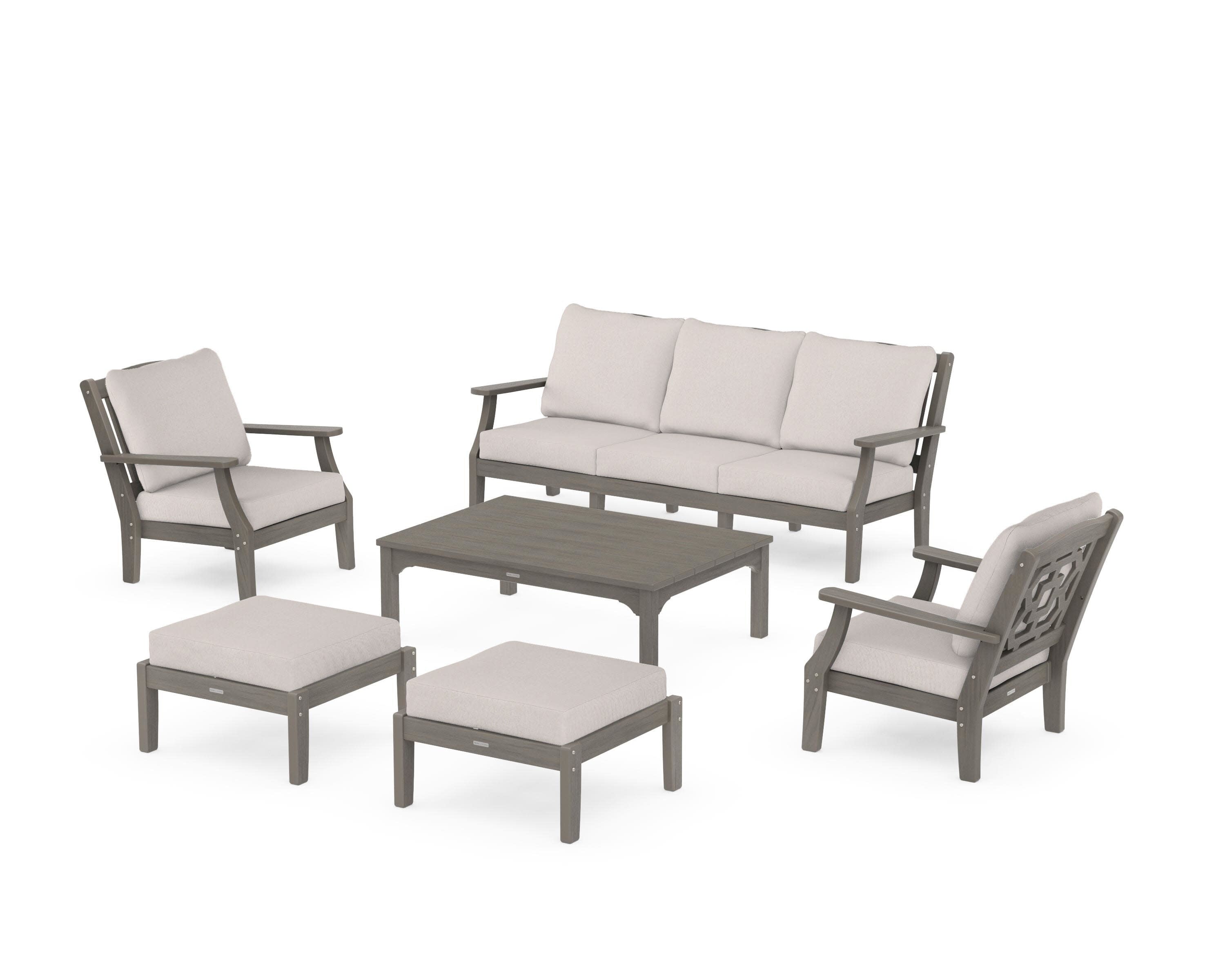 Chinoiserie 6-Piece Lounge Sofa Set in Driftwood / Dune Burlap
