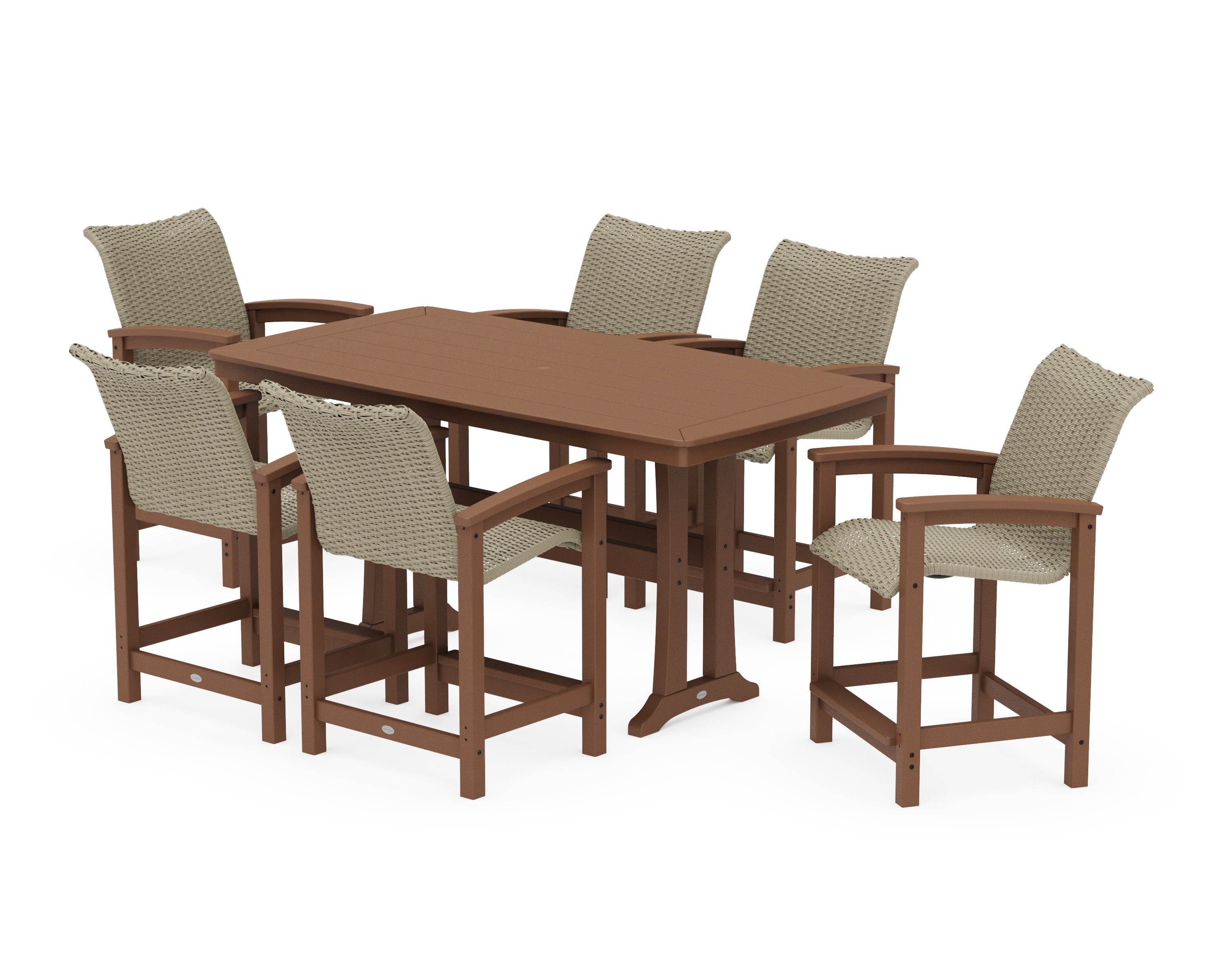 Coastal Woven Arm Chair 7-Piece Counter Set with Trestle Legs in Teak / Dune Grass