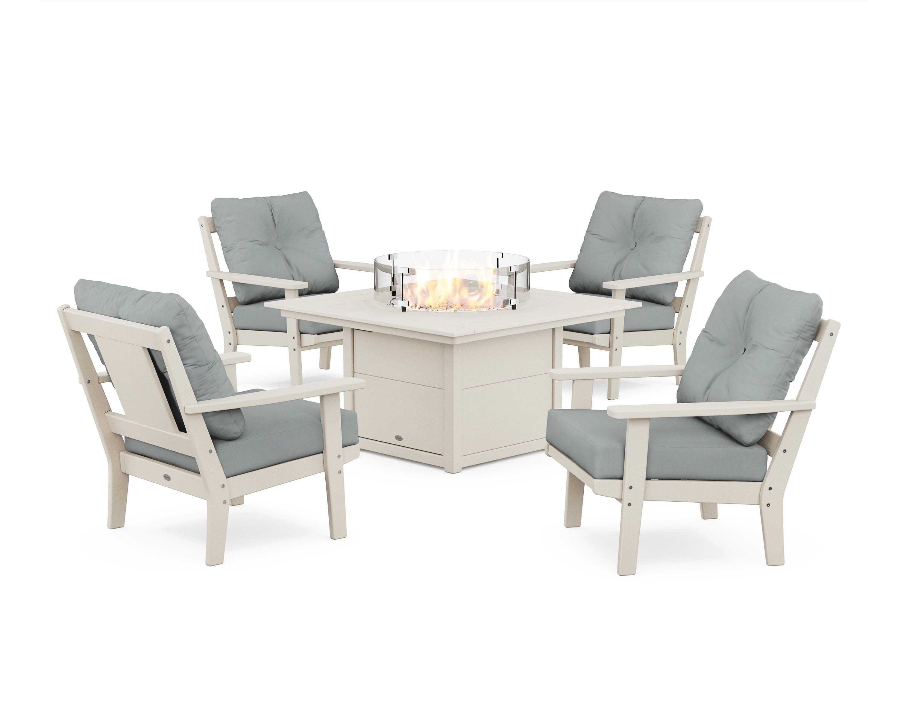Prairie 5-Piece Deep Seating Set with Fire Pit Table in Sand / Spa