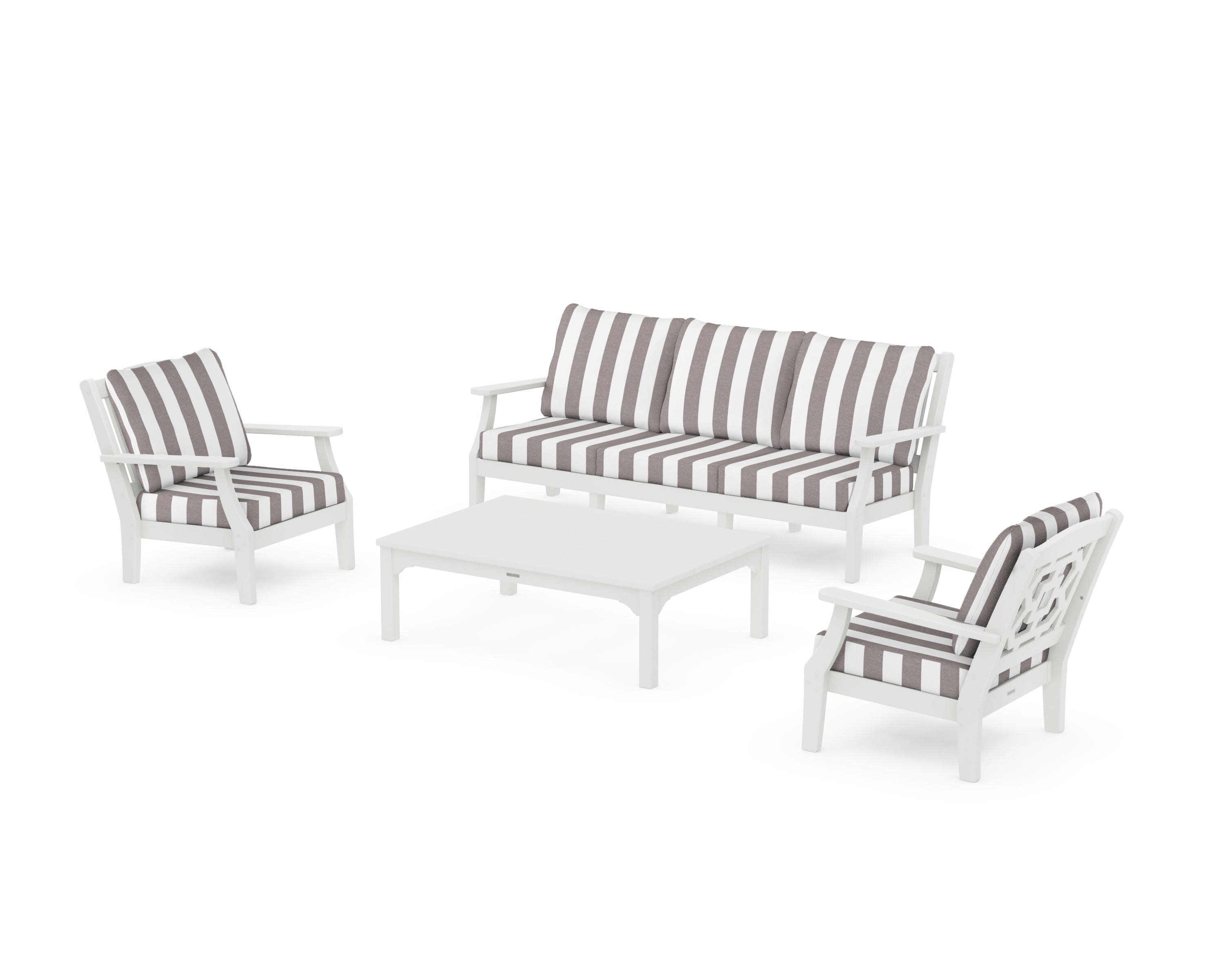 Chinoiserie 4-Piece Deep Seating Set with Sofa in Vintage White / Cabana Stripe Grey Mist