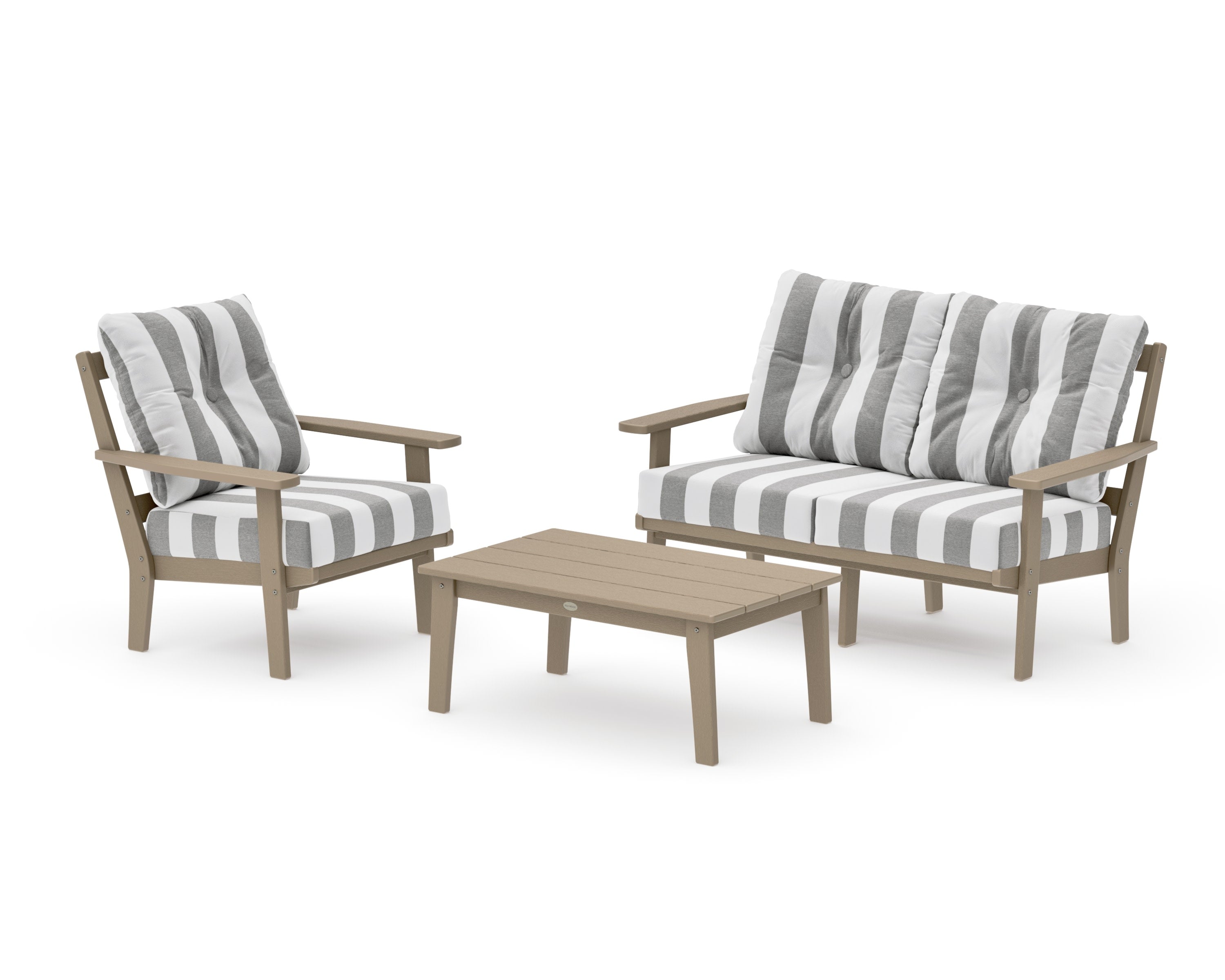 Oxford 3-Piece Deep Seating Set with Loveseat in Vintage Sahara / Cabana Stripe Grey Mist