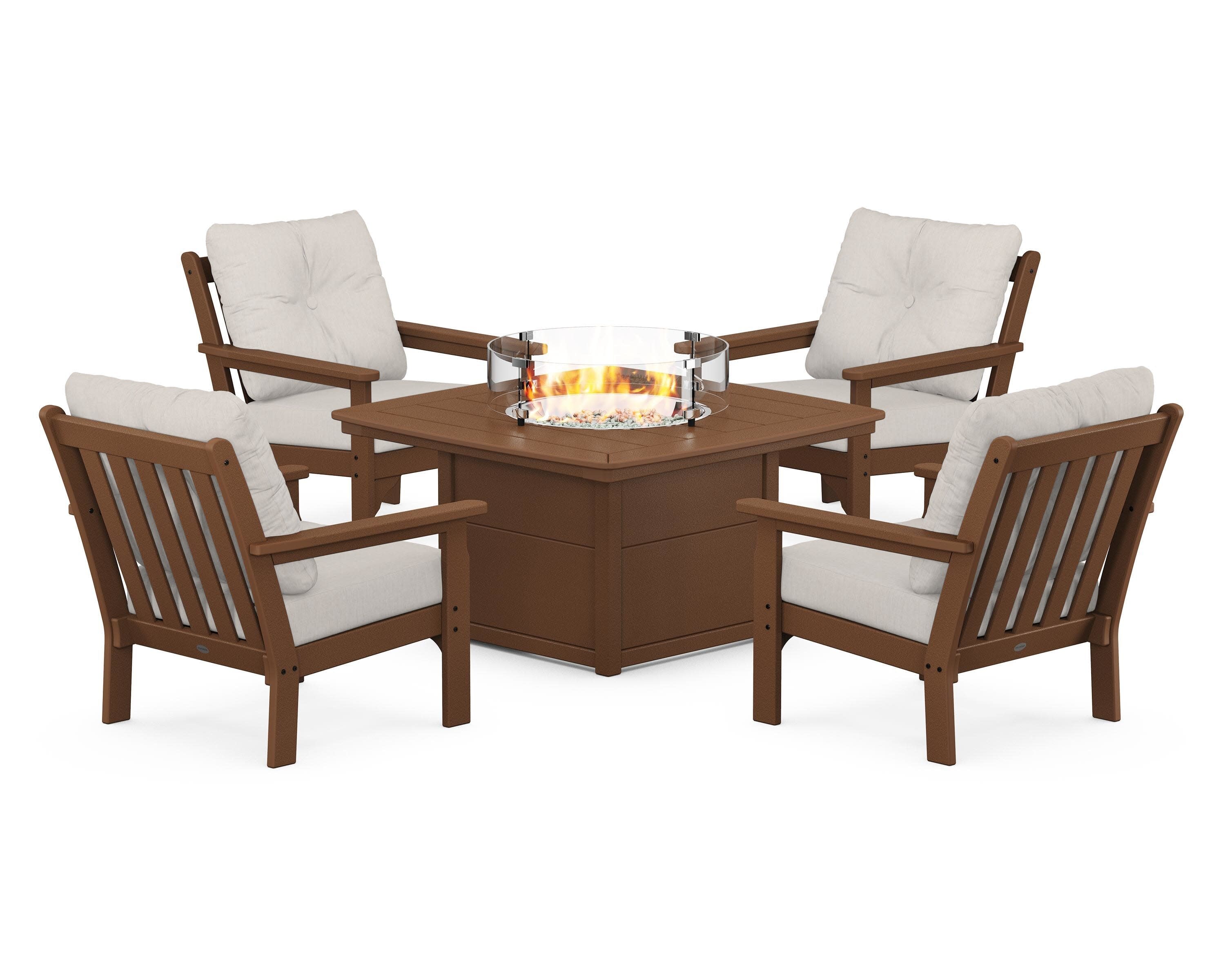 Vineyard 5-Piece Conversation Set with Fire Pit Table in Teak / Cast Ash