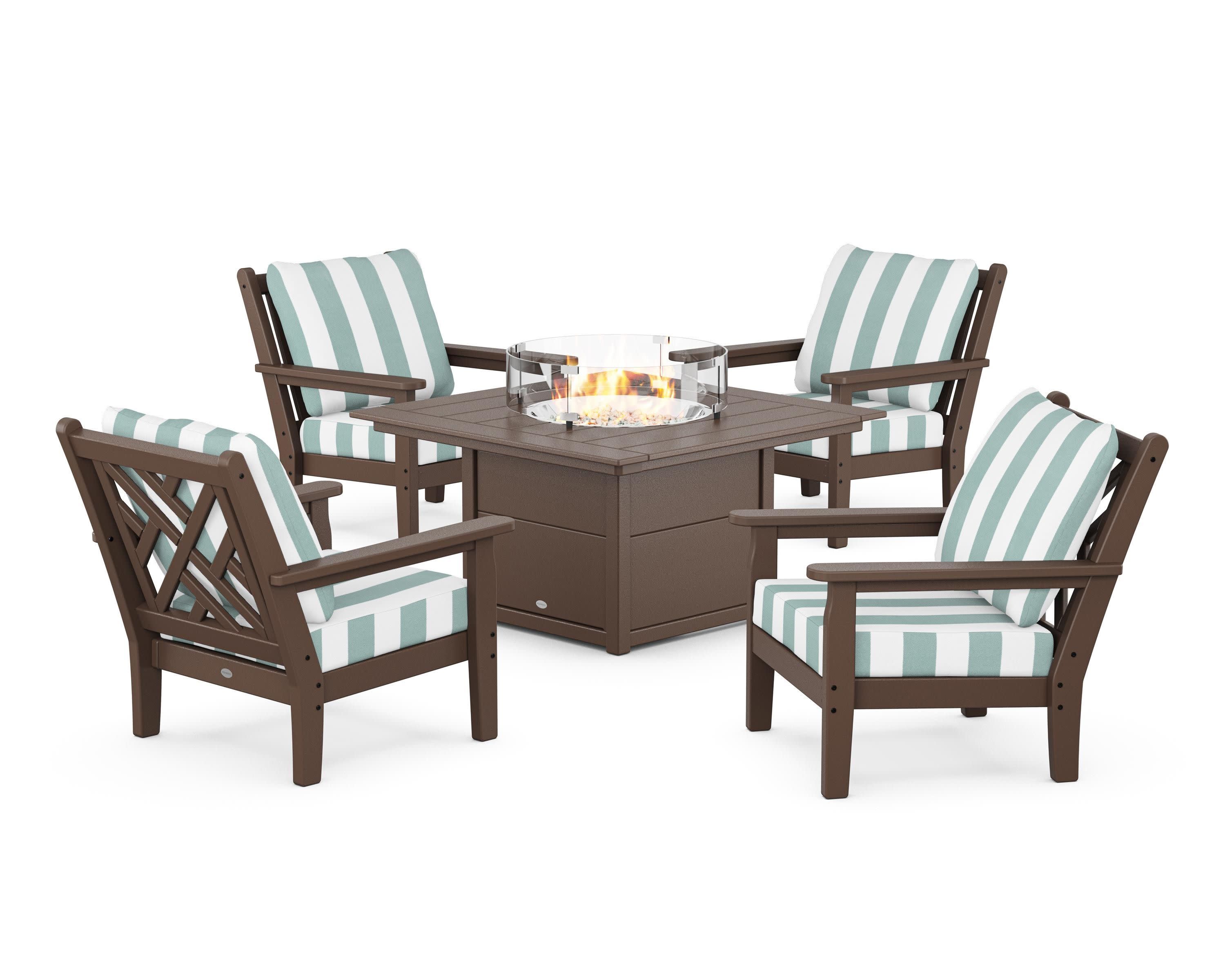 Chippendale 5-Piece Deep Seating Set with Fire Pit Table in Mahogany / Cabana Stripe Glacier Spa