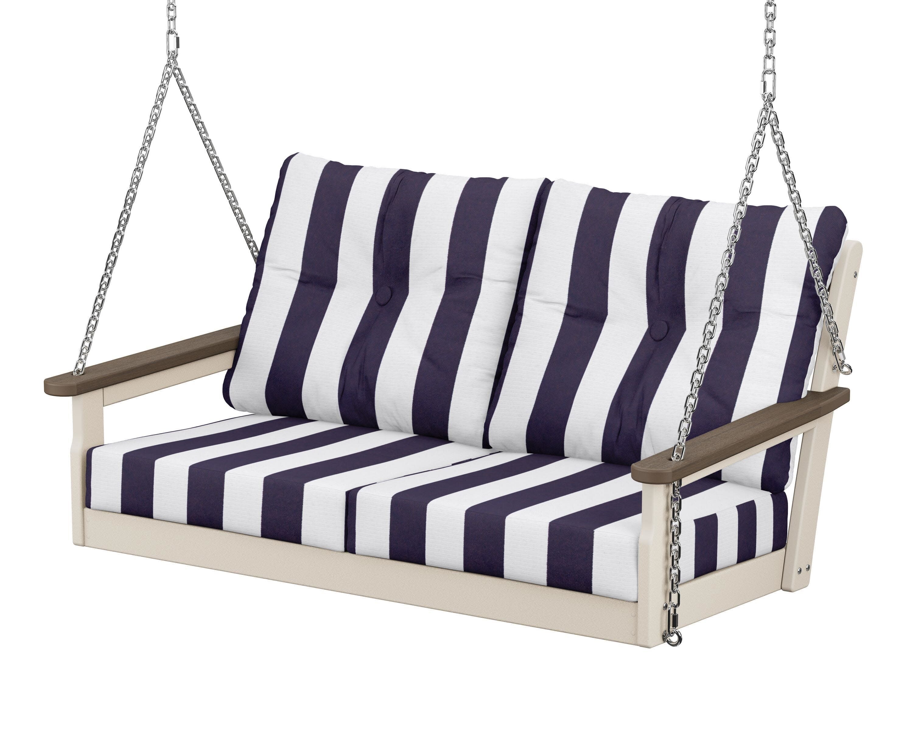 Vineyard Deep Seating Swing in Sand / Kona / Cabana Stripe Navy