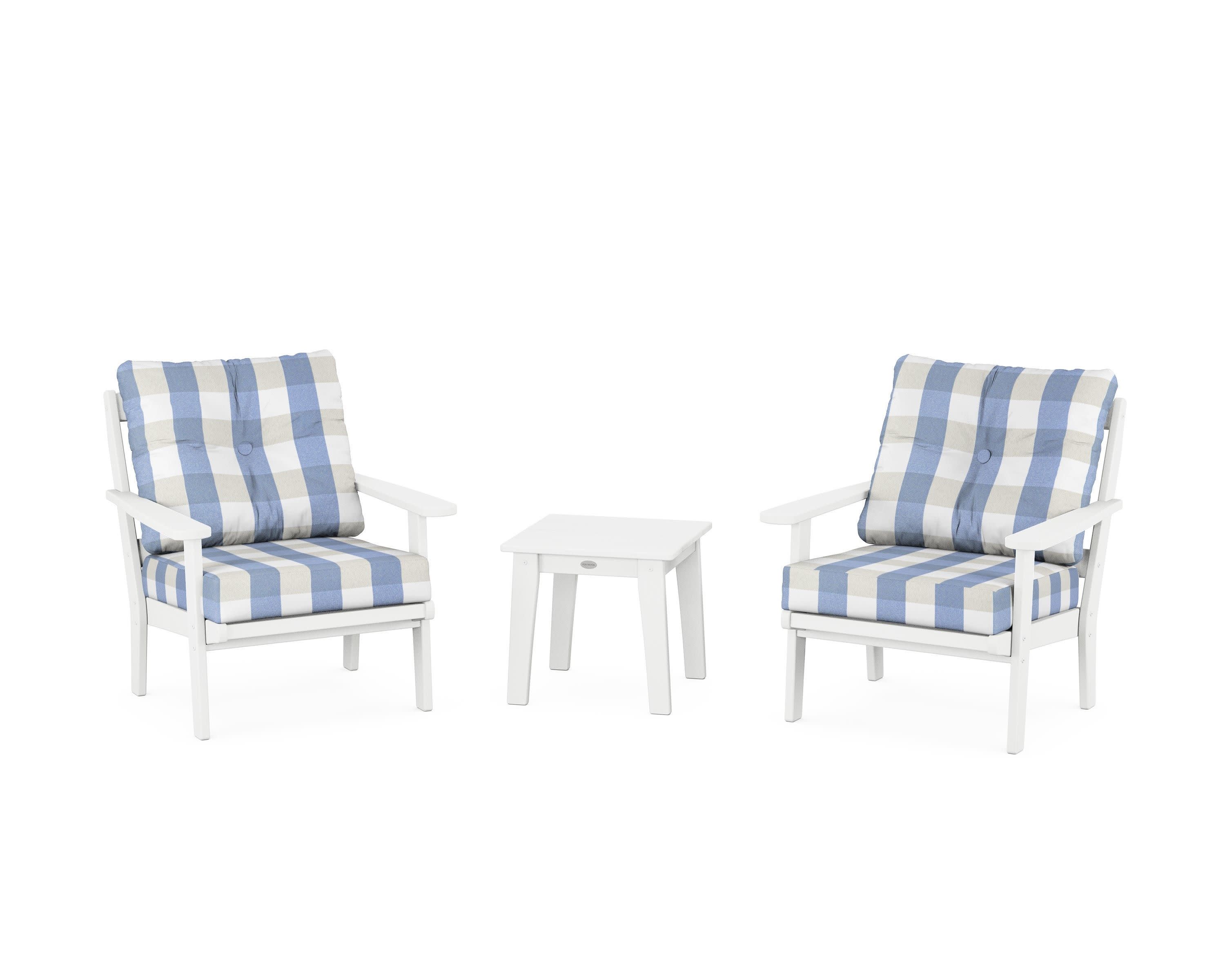 Mission 3-Piece Deep Seating Set in White / Buffalo Plaid Sky Blue