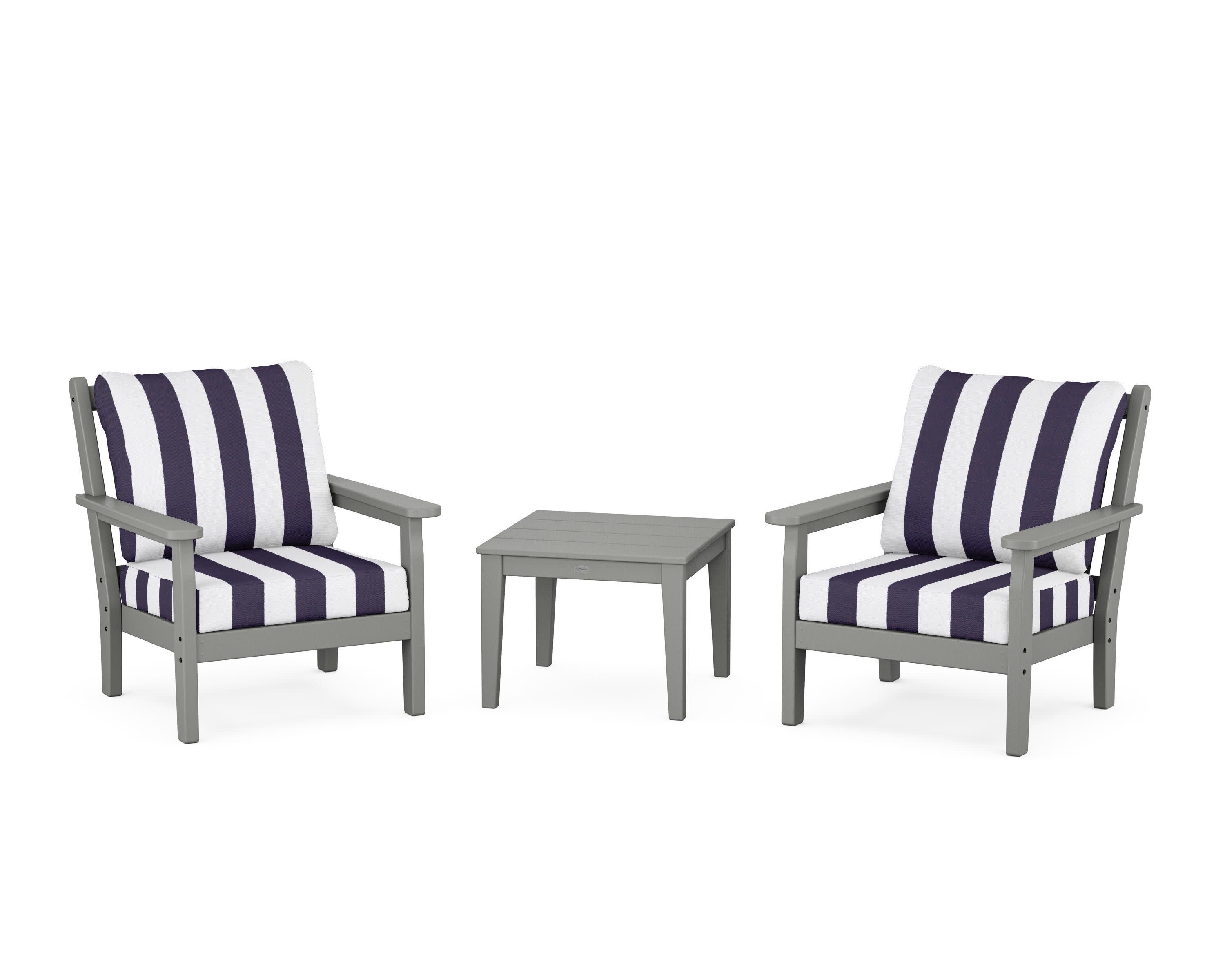Chippendale 3-Piece Deep Seating Set in Slate Grey / Cabana Stripe Navy
