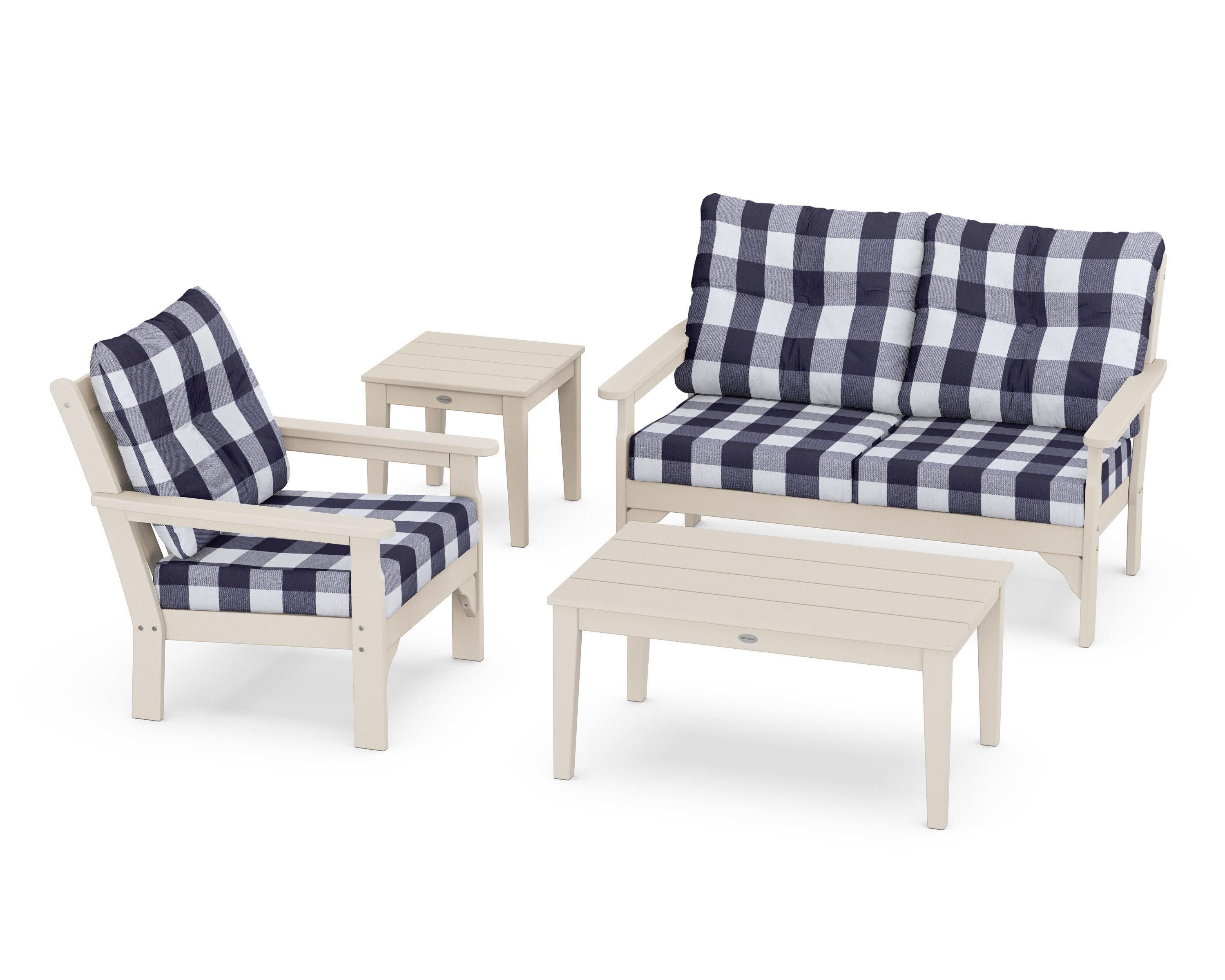 Vineyard 4-Piece Deep Seating Set in Sand / Buffalo Plaid Navy
