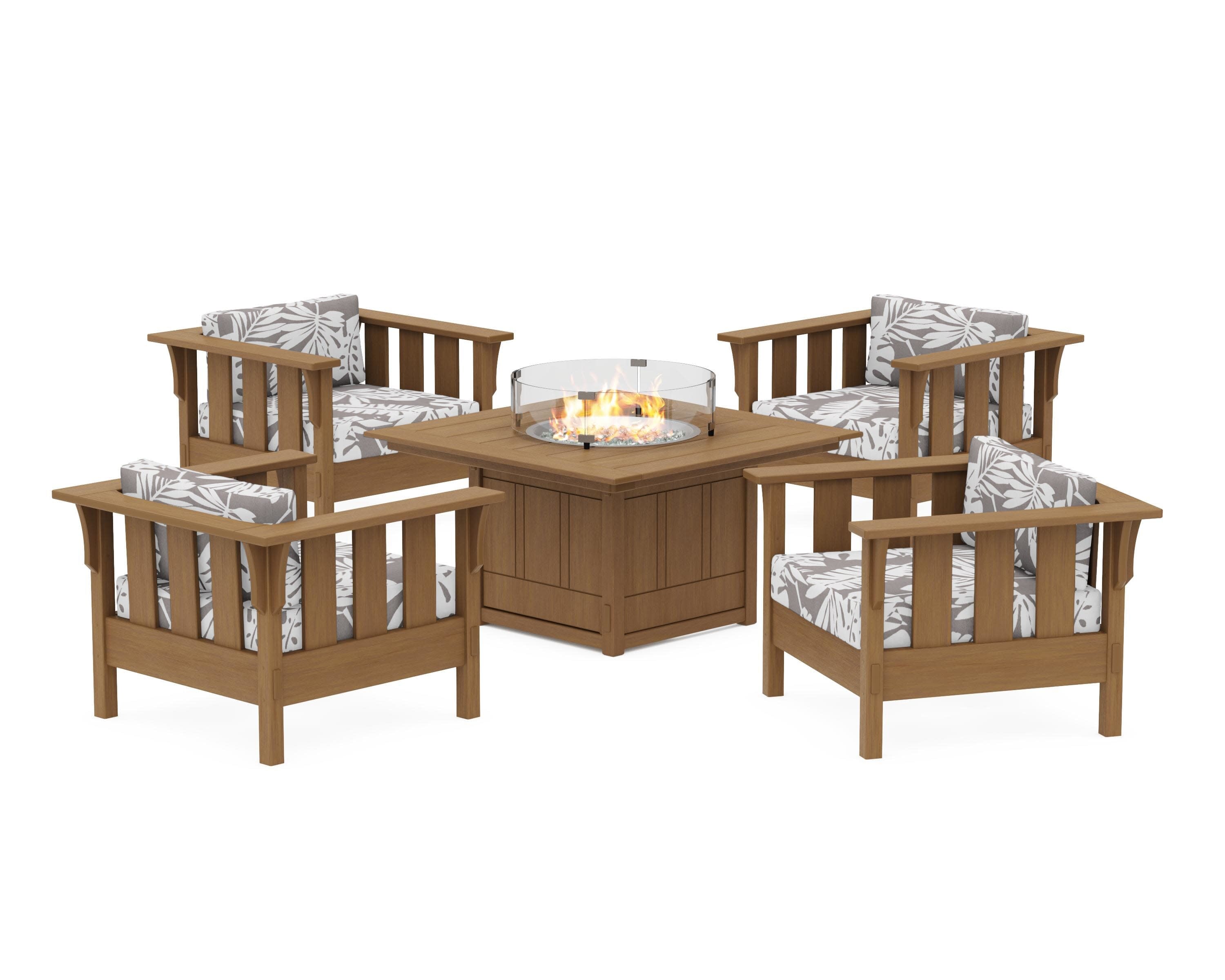 Acadia 5-Piece Deep Seating Set with Fire Pit Table in Natural / Leaf Grey Mist