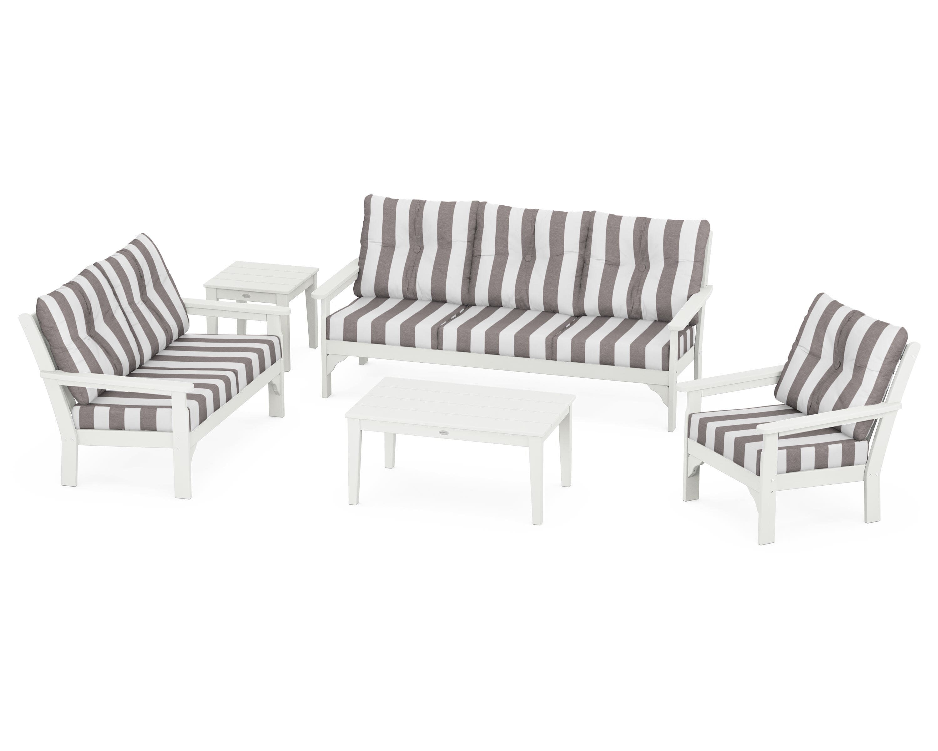 Vineyard 5 Piece Deep Seating Set in Vintage White / Cabana Stripe Grey Mist