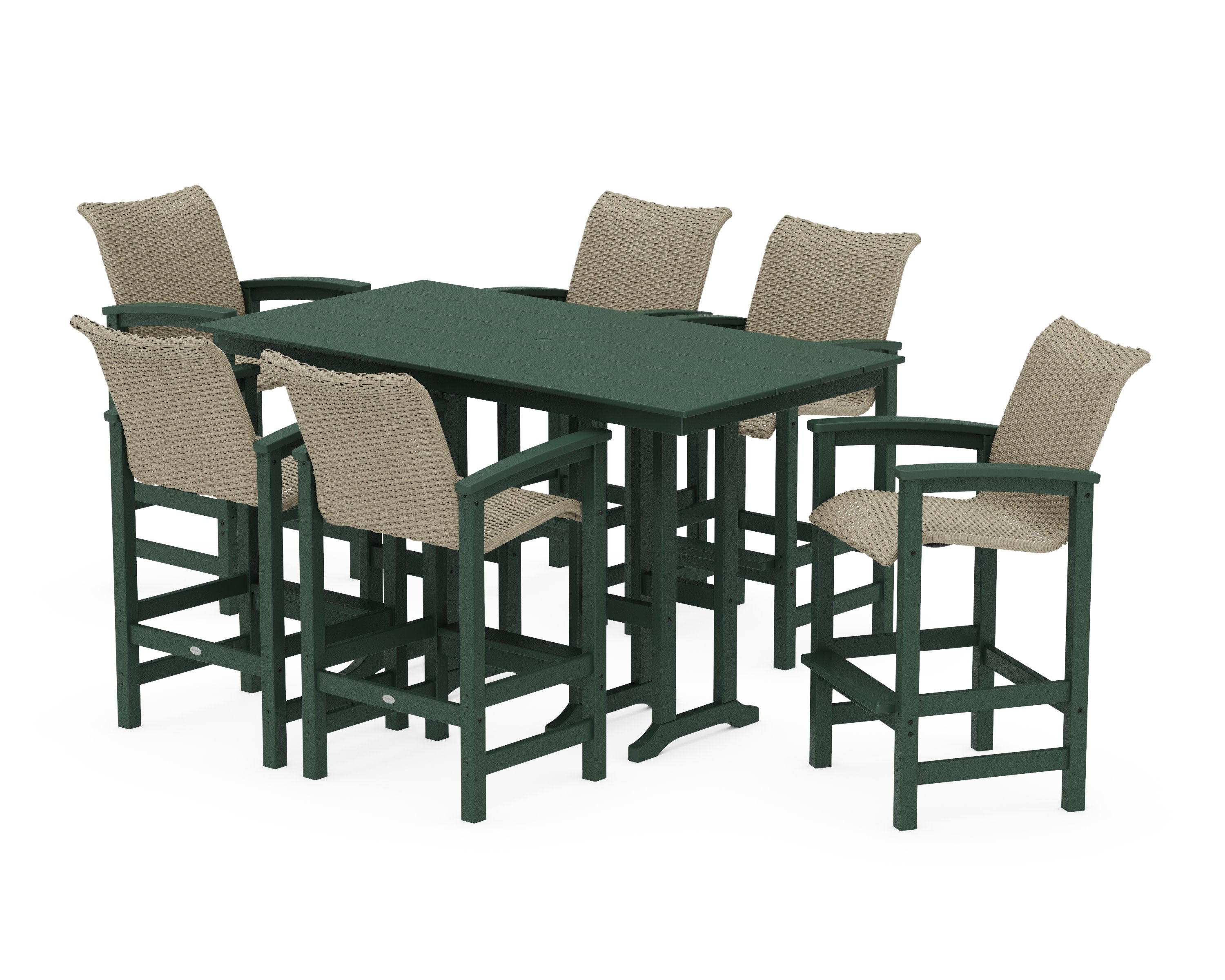 Coastal Woven Arm Chair 7-Piece Farmhouse Bar Set in Green / Dune Grass