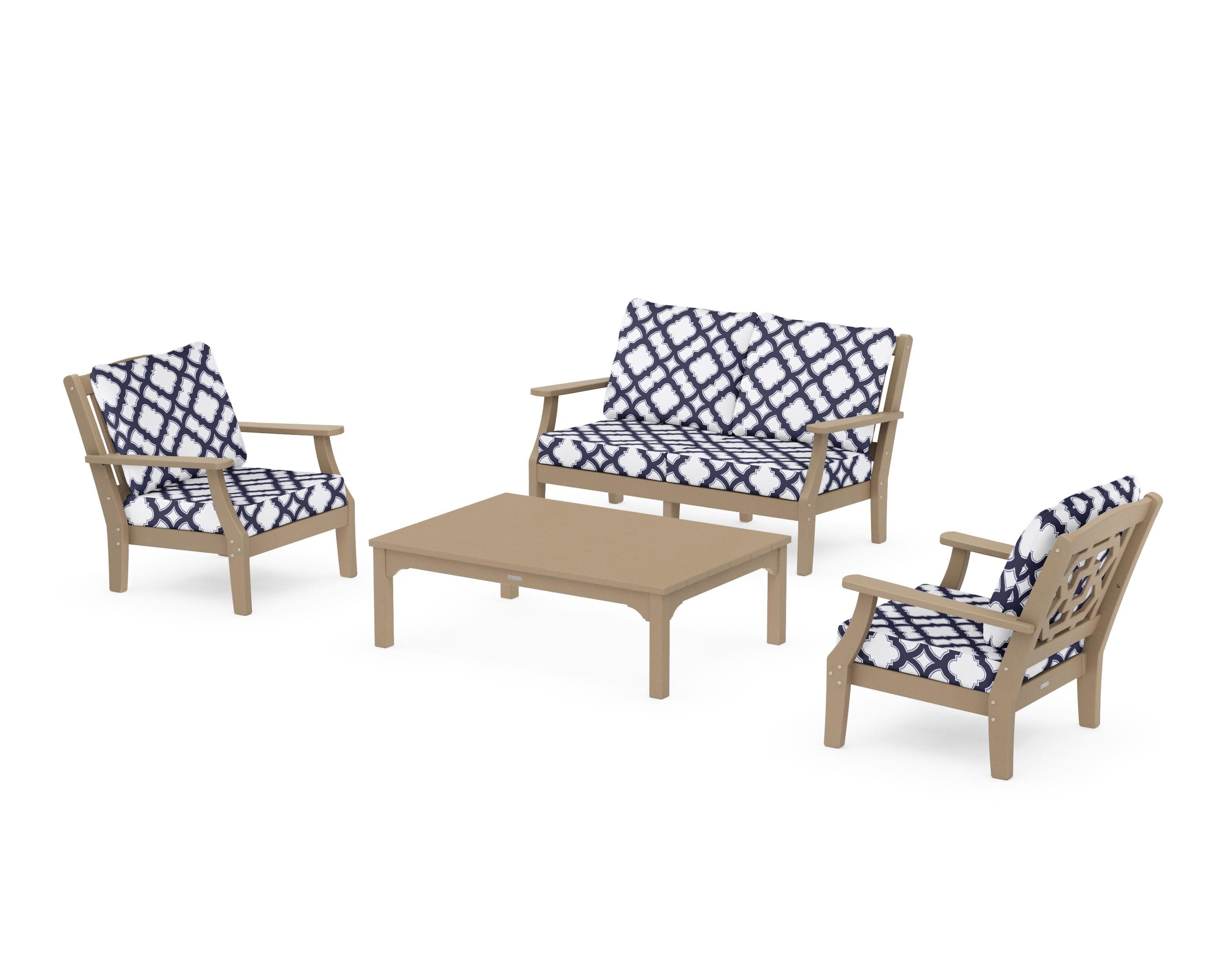 Chinoiserie 4-Piece Deep Seating Set with Loveseat in Vintage Sahara / Trellis Navy