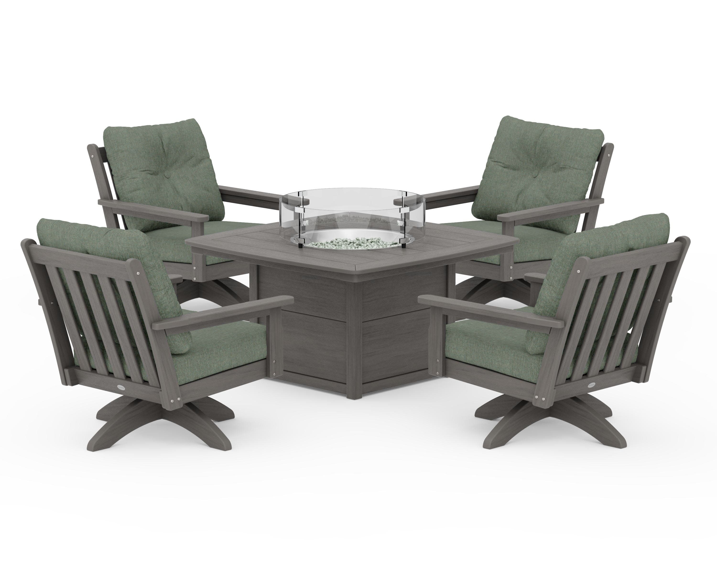 Vineyard 5-Piece Deep Seating Swivel Conversation Set with Fire Pit Table in Driftwood / Cast Sage